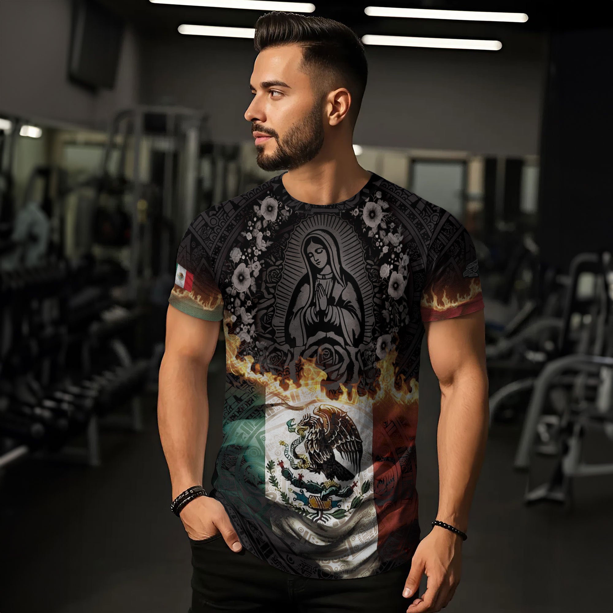 Virgin of Guadalupe Flame Mexico Flag Aztec Heritage Shirt