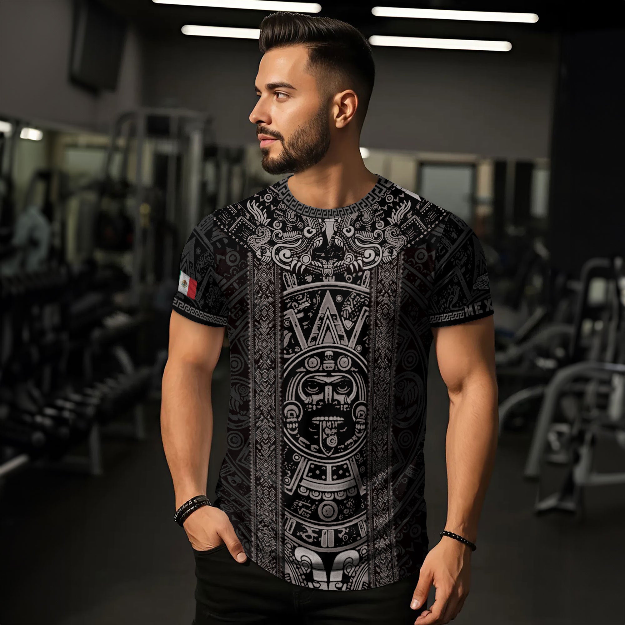 Aztec Sun Stone Black Pattern Mexico Heritage Shirt