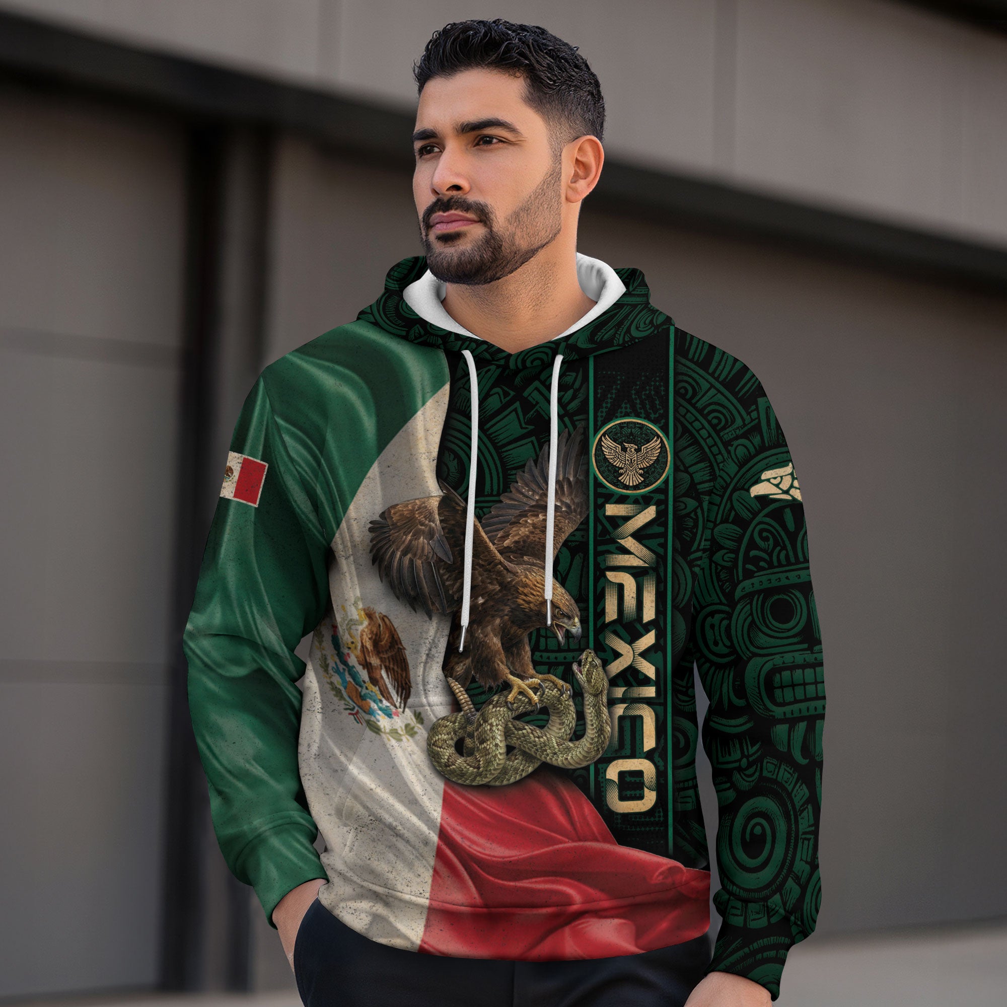 Mexico Flag Eagle Serpent Aztec Pattern Heritage National Pride Hoodie