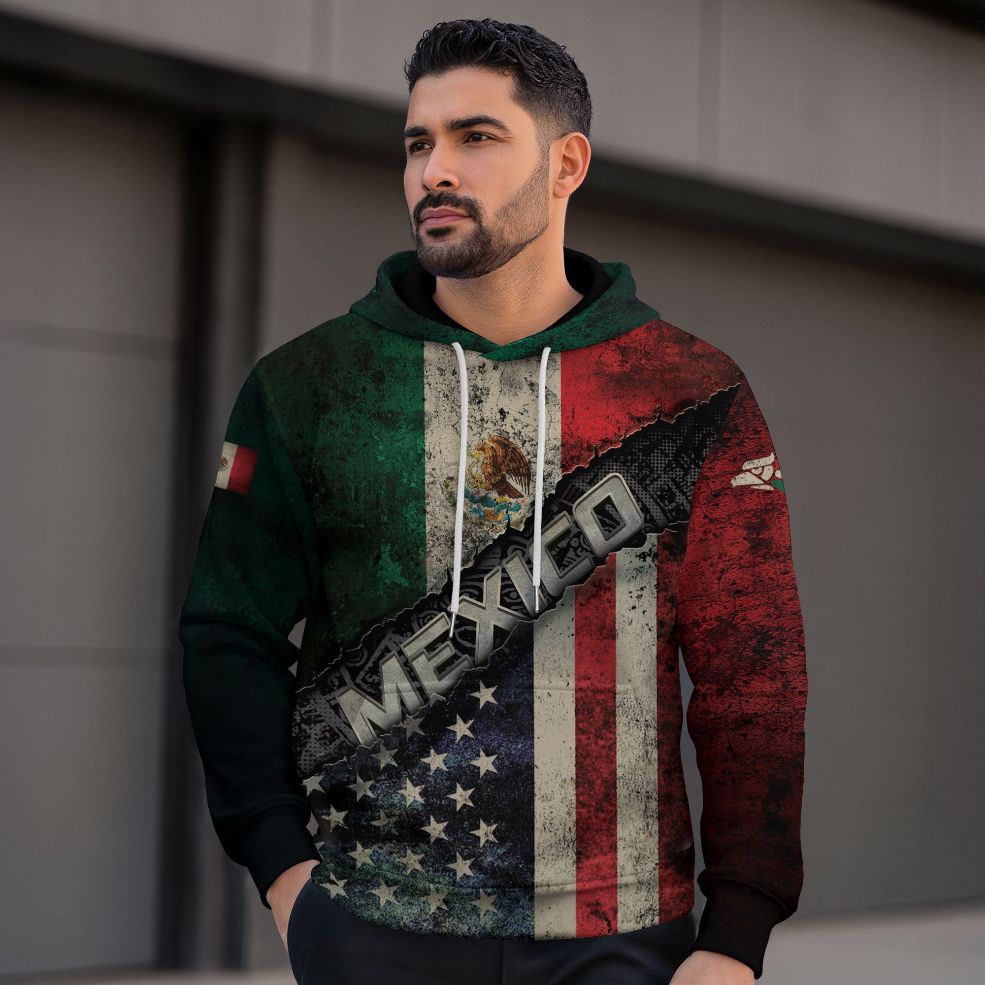 Sudadera con capucha con estampado azteca, bandera de México y Estados Unidos, con águila, patrimonio vintage, unidad y orgullo
