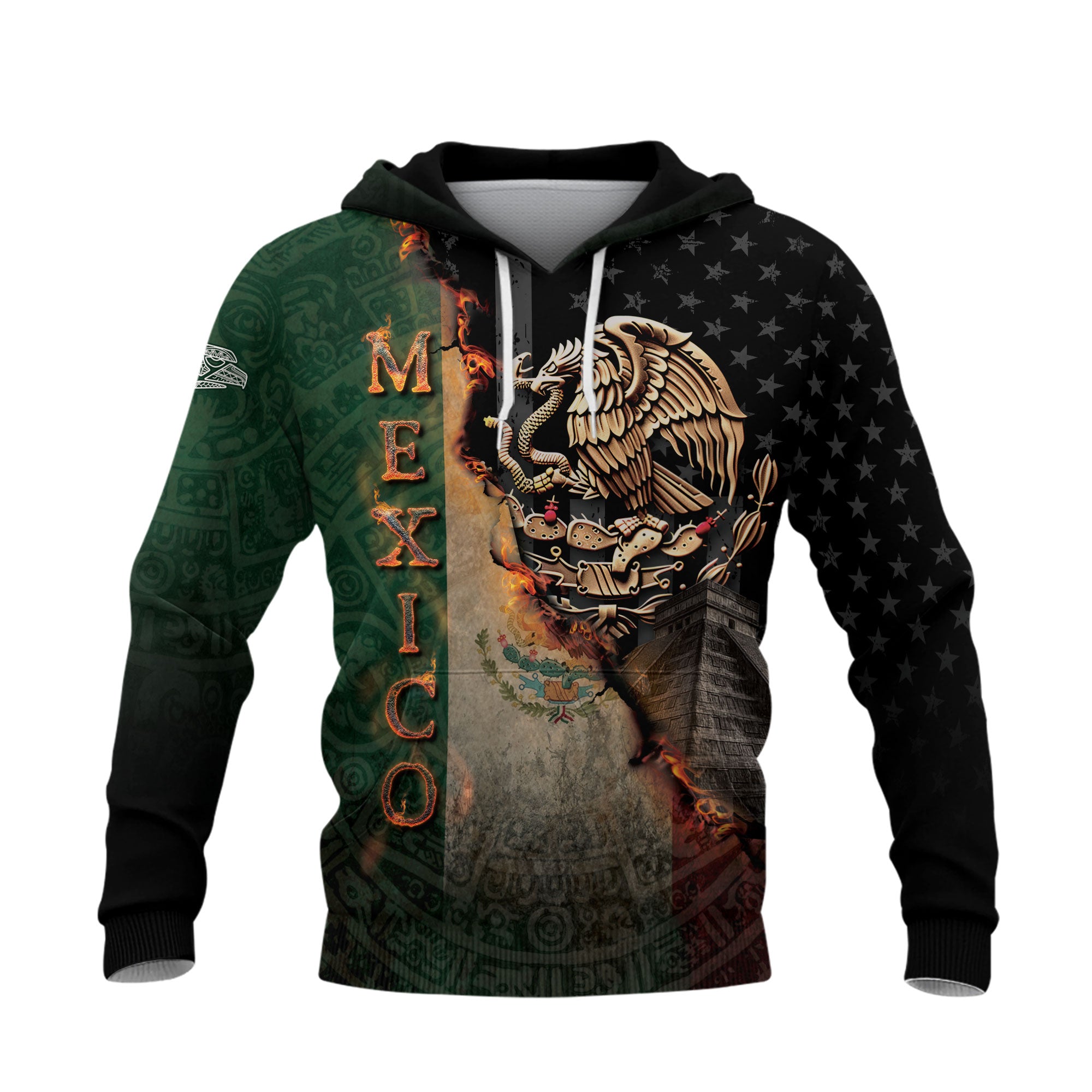 Mexico Flag Golden Eagle Fire Aztec Pyramid Heritage Power Warrior Hoodie
