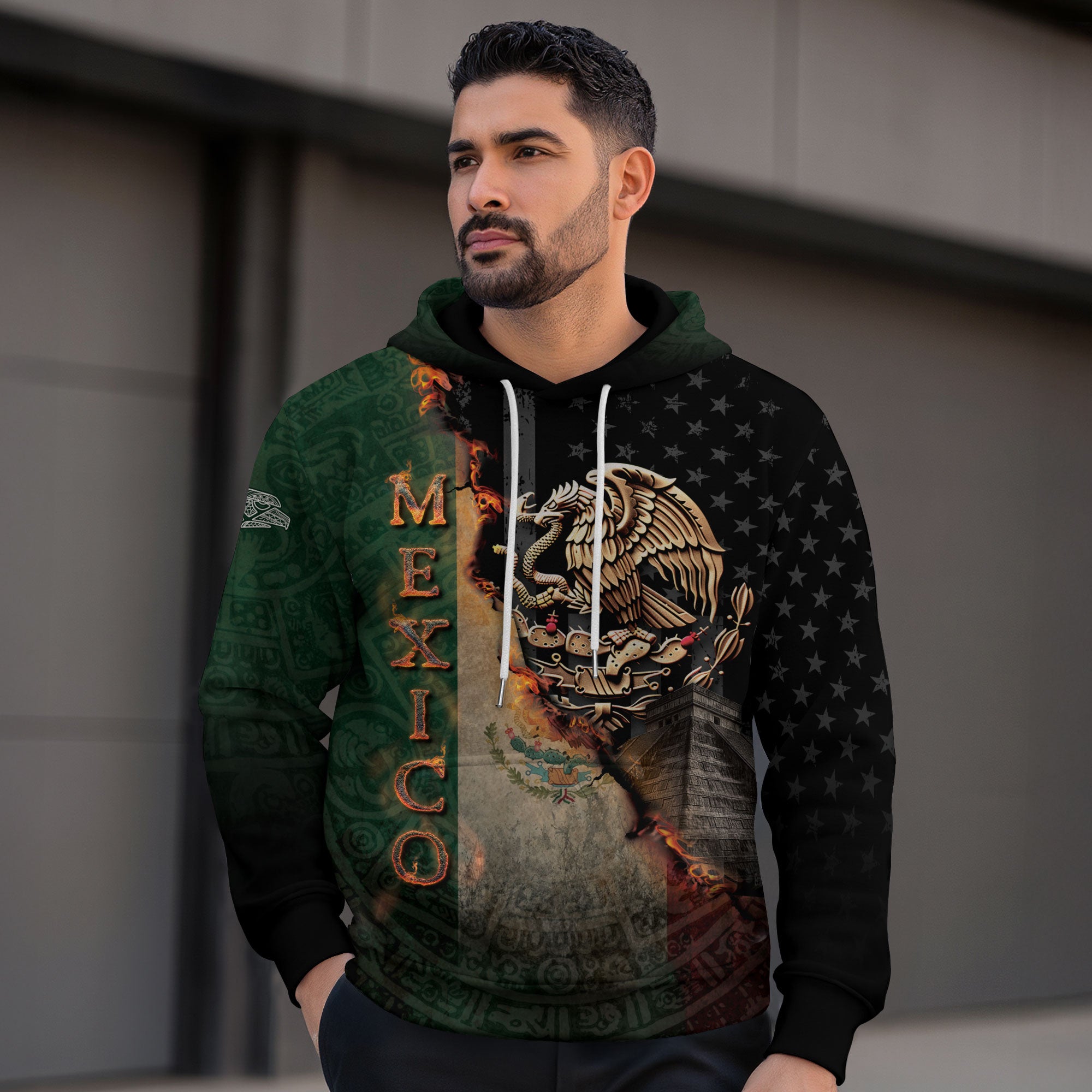 Mexico Flag Golden Eagle Fire Aztec Pyramid Heritage Power Warrior Hoodie