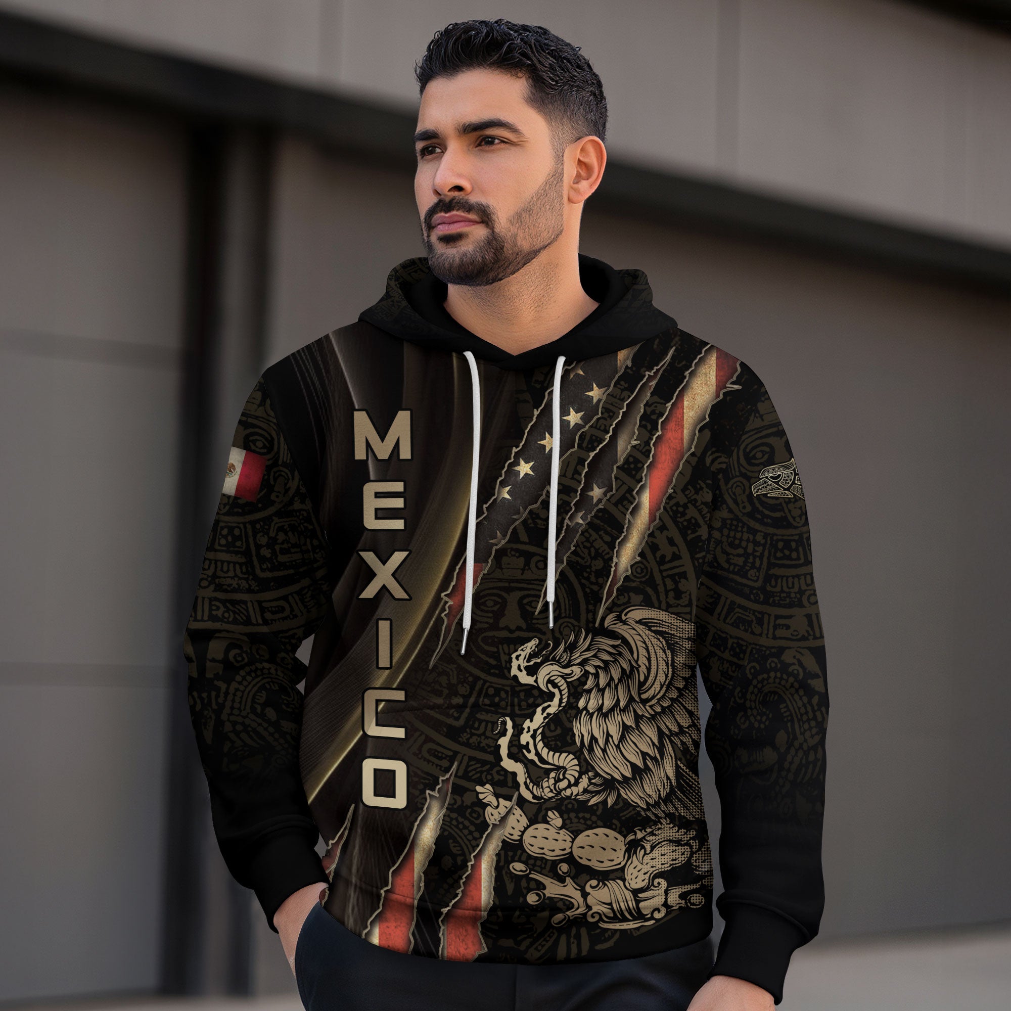 Mexico Black Gold Eagle Claw Aztec Pattern Heritage Warrior Pride Power Hoodie