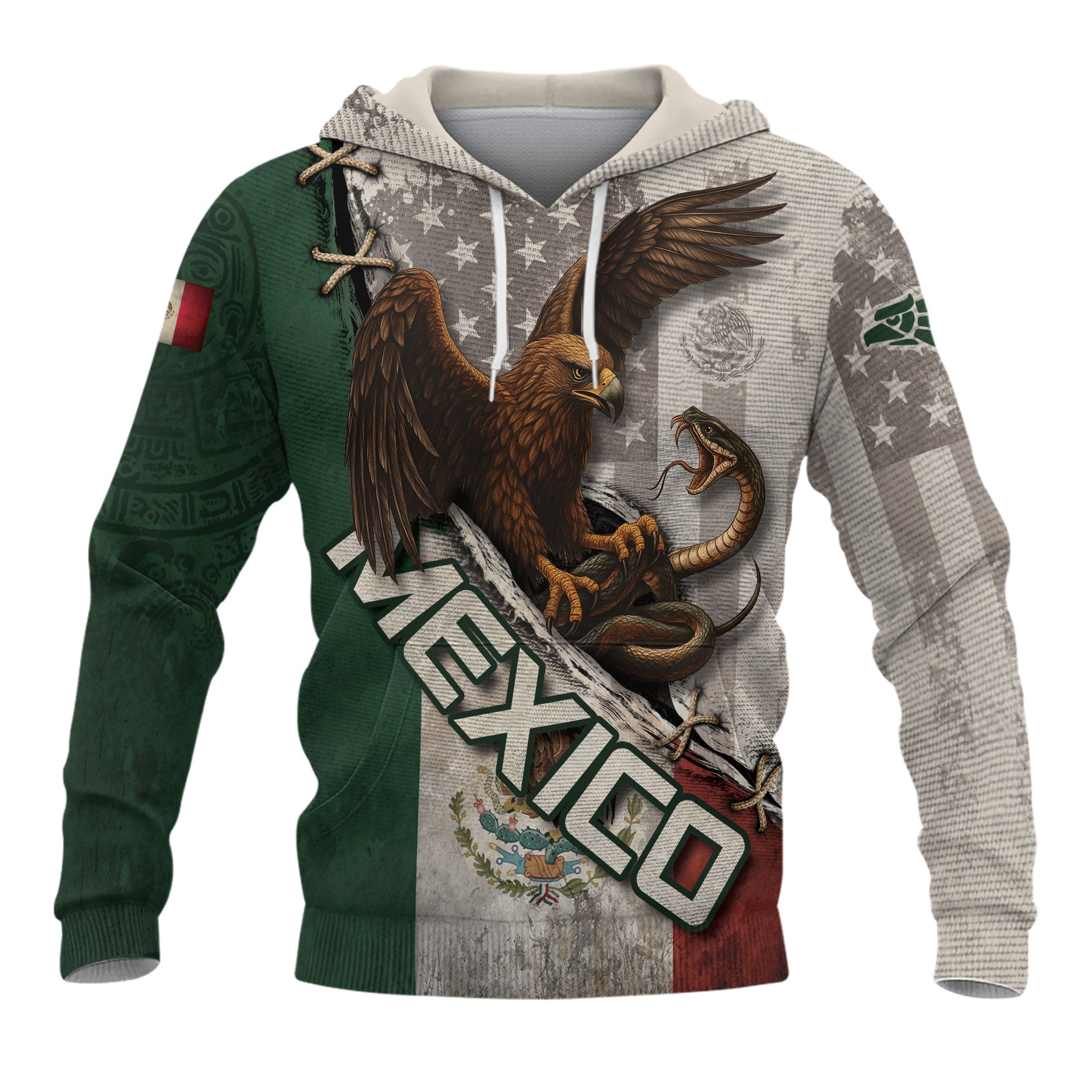 Mexico Flag Eagle Serpent Aztec Pattern Heritage Power Warrior Pride Hoodie