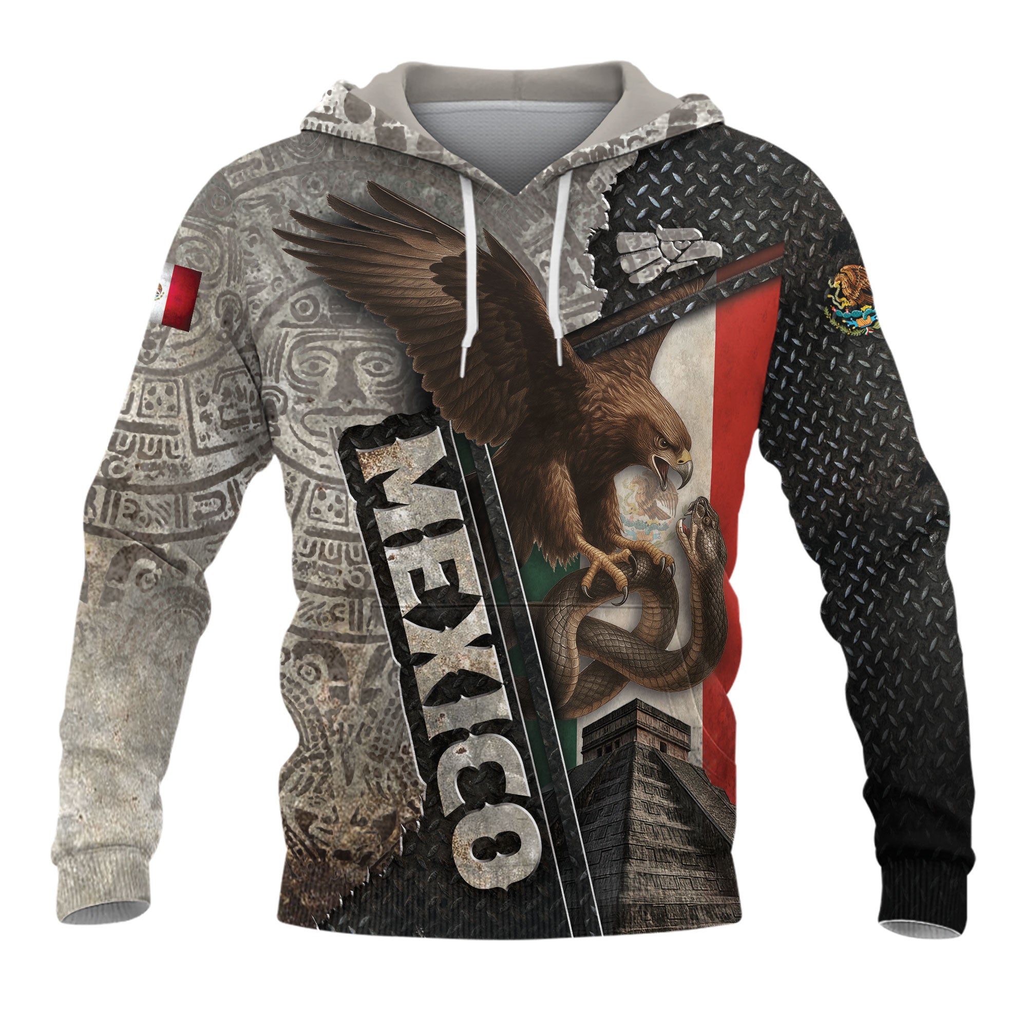 Mexico Flag Eagle Serpent Aztec Pyramid Stone Steel Heritage Warrior Pride Hoodie