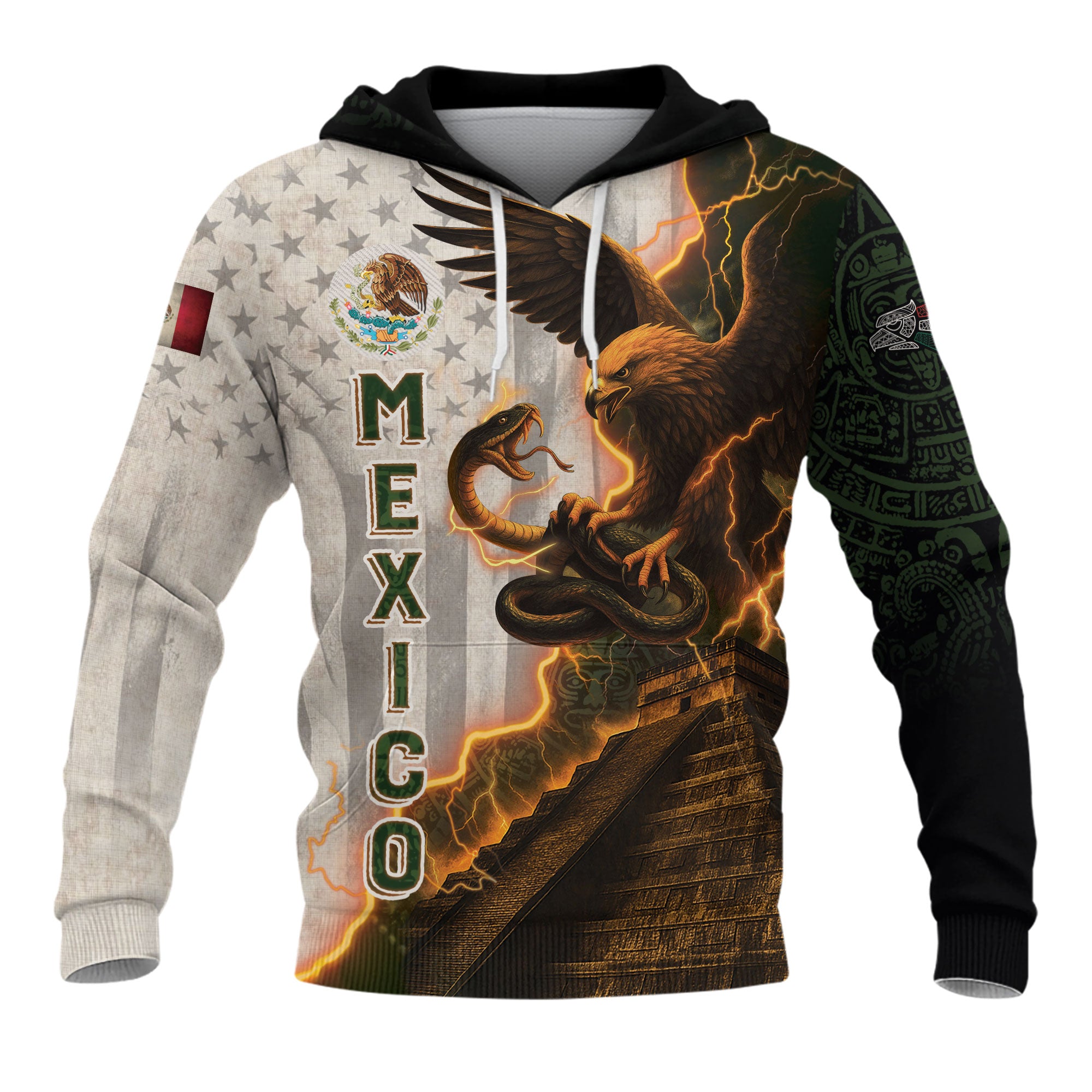 Mexico Flag Eagle Serpent Lightning Aztec Pyramid Heritage Power Pride Hoodie