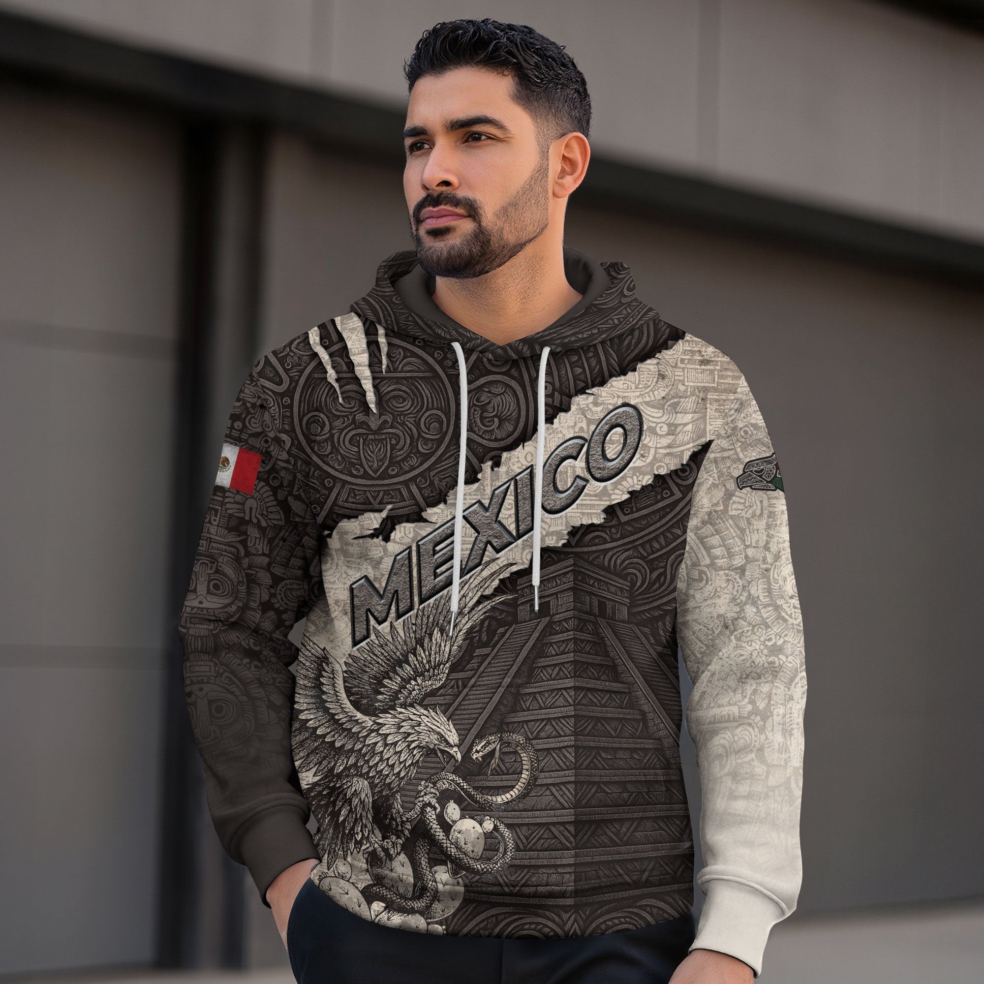 Mexico Aztec Pyramid Eagle Serpent Heritage Stone Pattern Warrior Pride Hoodie