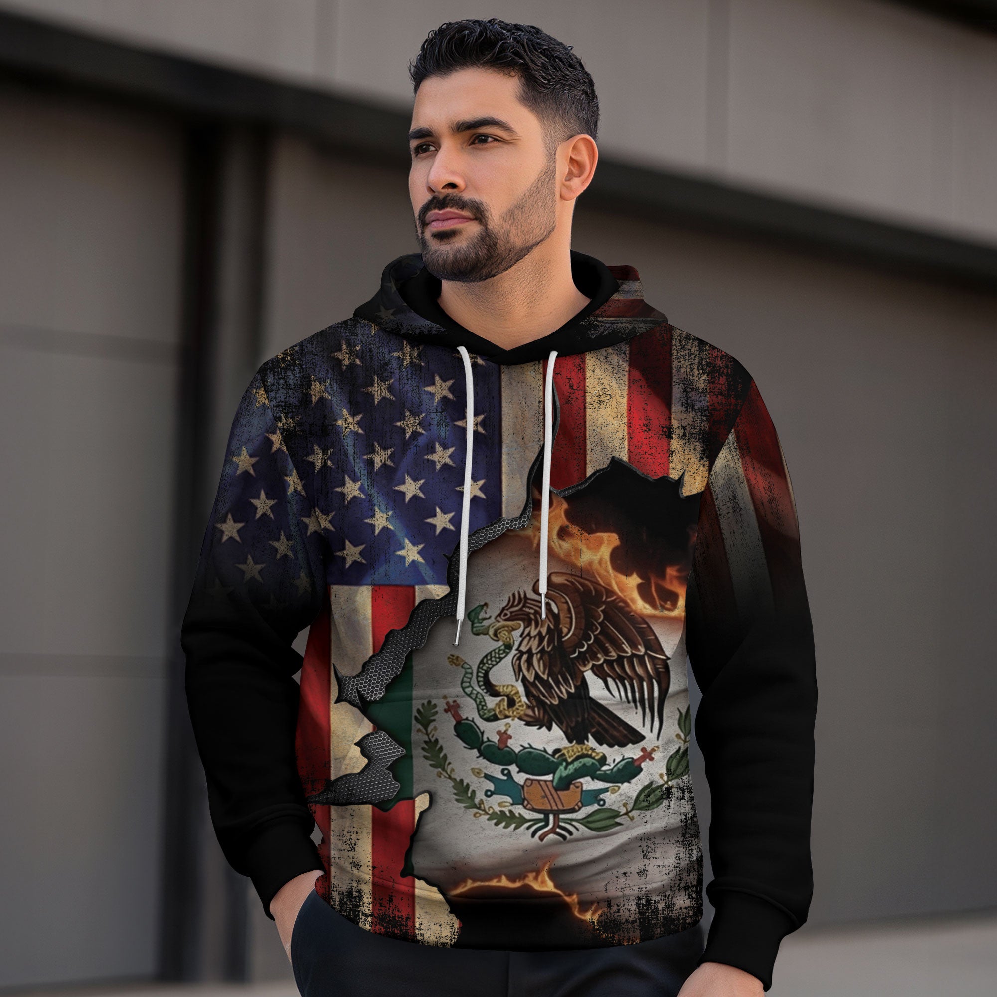 Sudadera con capucha de la bandera de México y Estados Unidos, águila, herencia, quema a través del orgullo, guerrero de la unidad