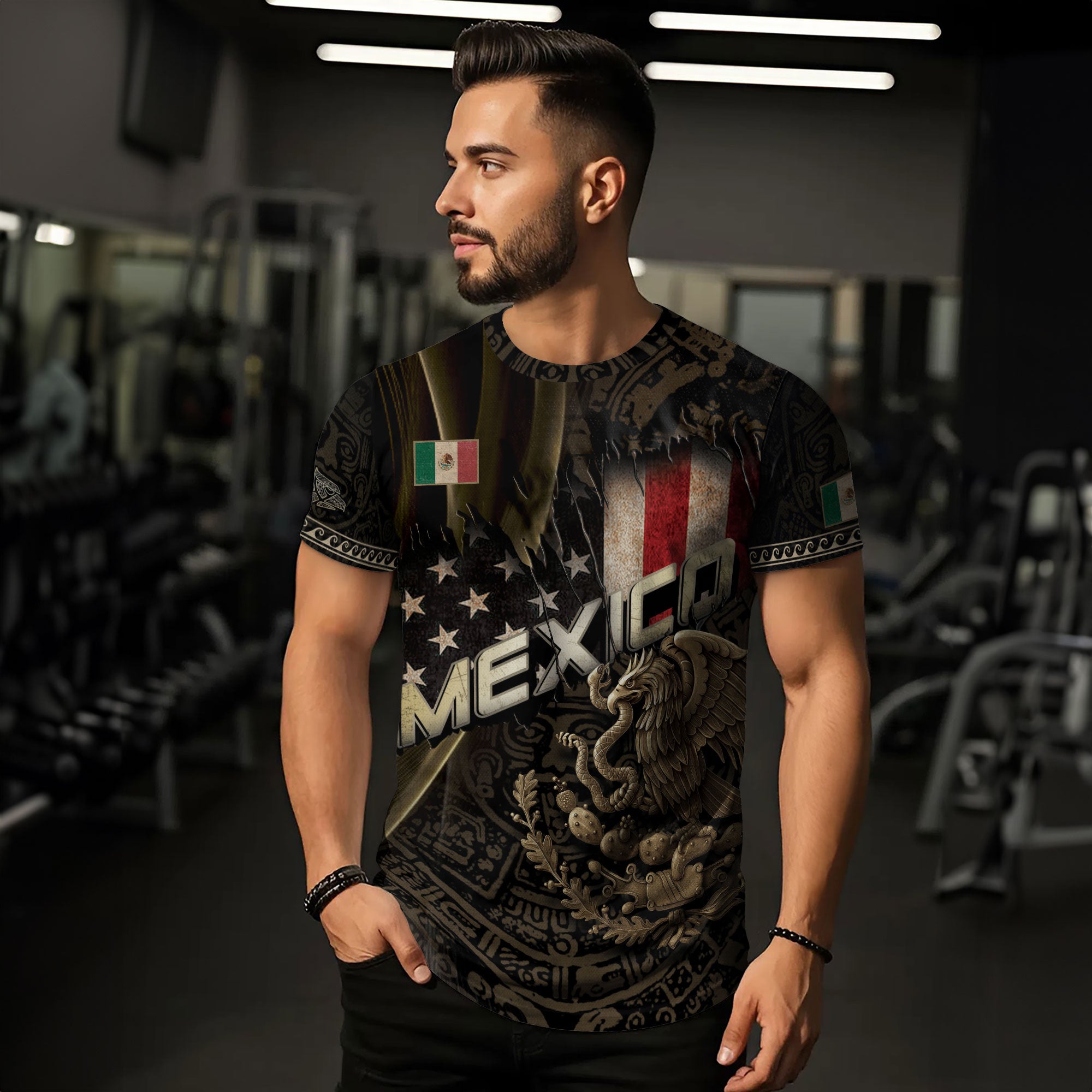 Mexico USA Flag Golden Eagle Aztec Pattern Heritage Unity Pride Power Shirt