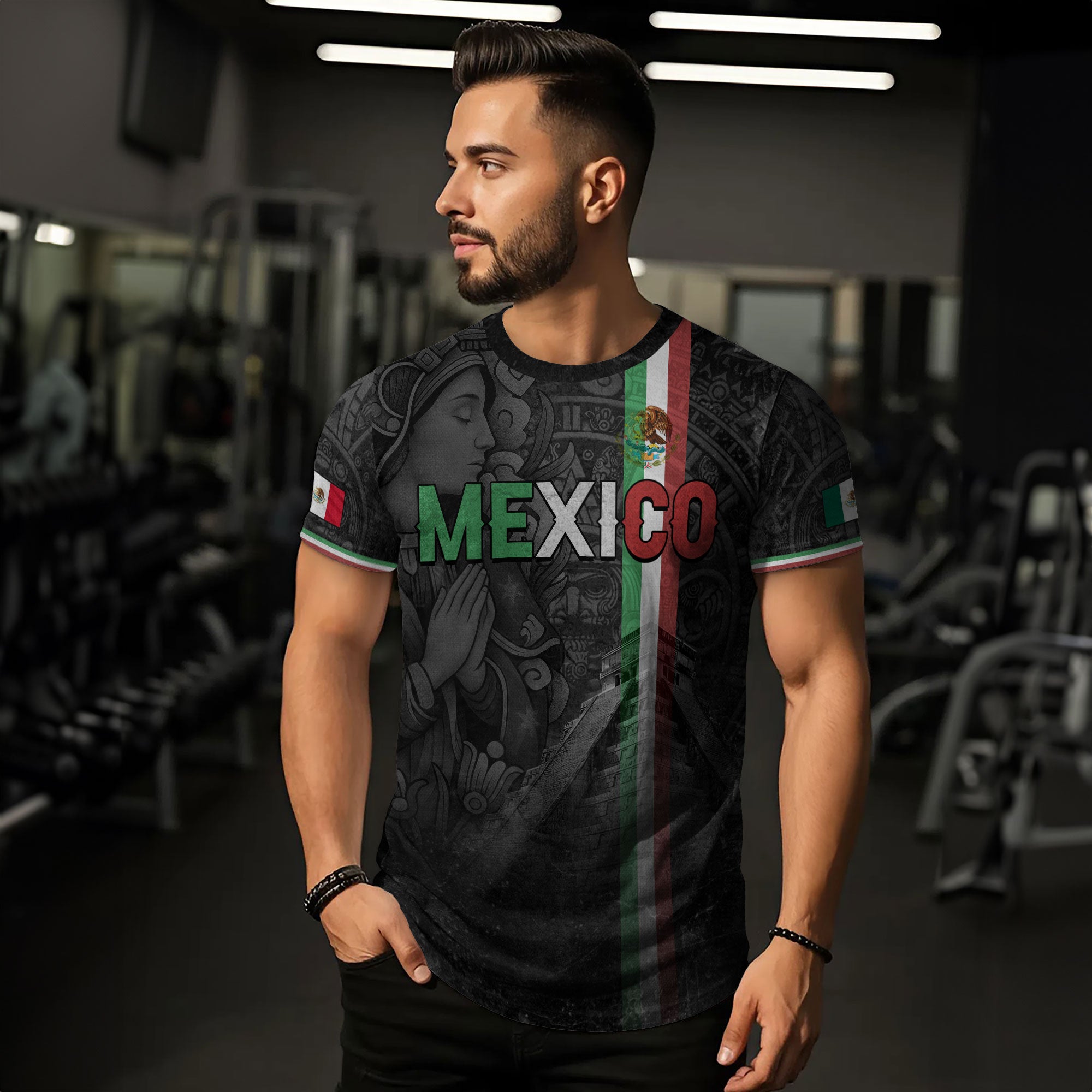 Camiseta de calle con la bandera de México, manos en oración, Guadalupe, legado azteca, orgullo