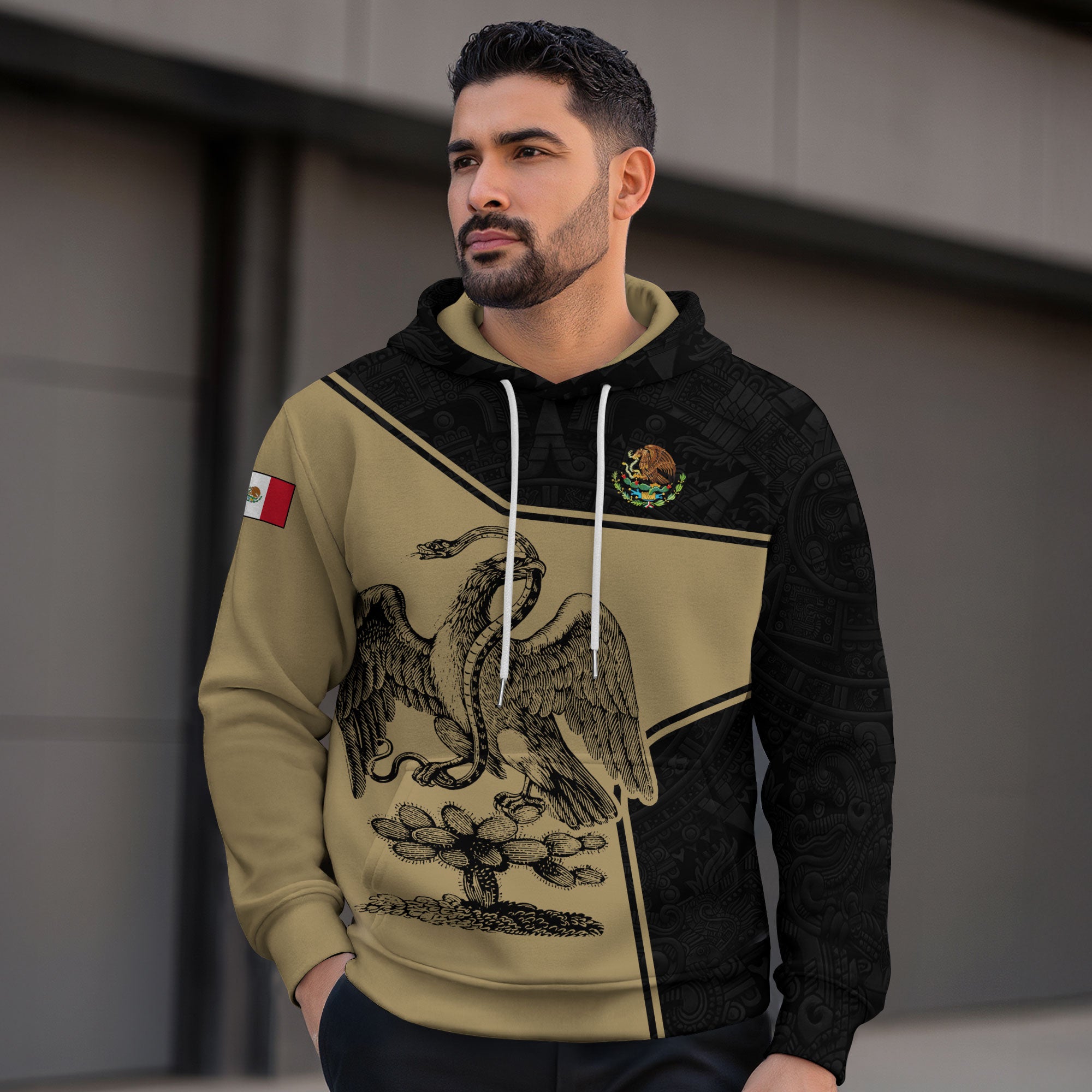 Sudadera con capucha con gráfico azteca del orgullo guerrero negro dorado de México Spirit