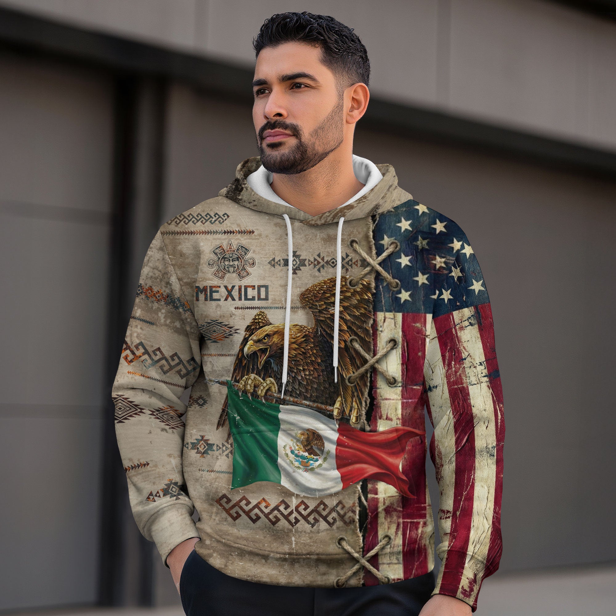 Mexican American Aztec Eagle Heritage Flag Design Mens Hoodie