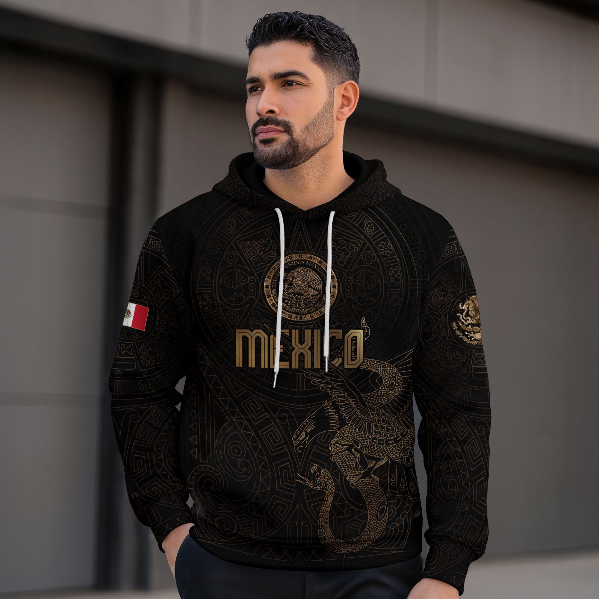 Mexican Gold Eagle Snake National Seal Aztec Calendar Mens Sudadera De Mexico Hoodie