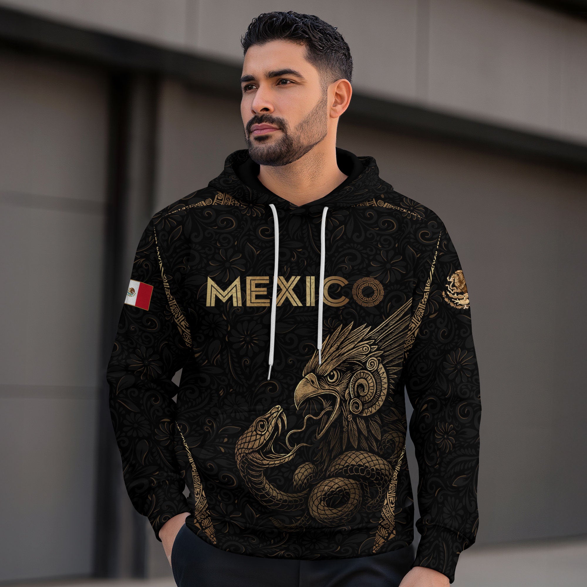 Mexican Gold Eagle Snake Floral Pattern Mens Sudadera De Mexico Heritage Hoodie