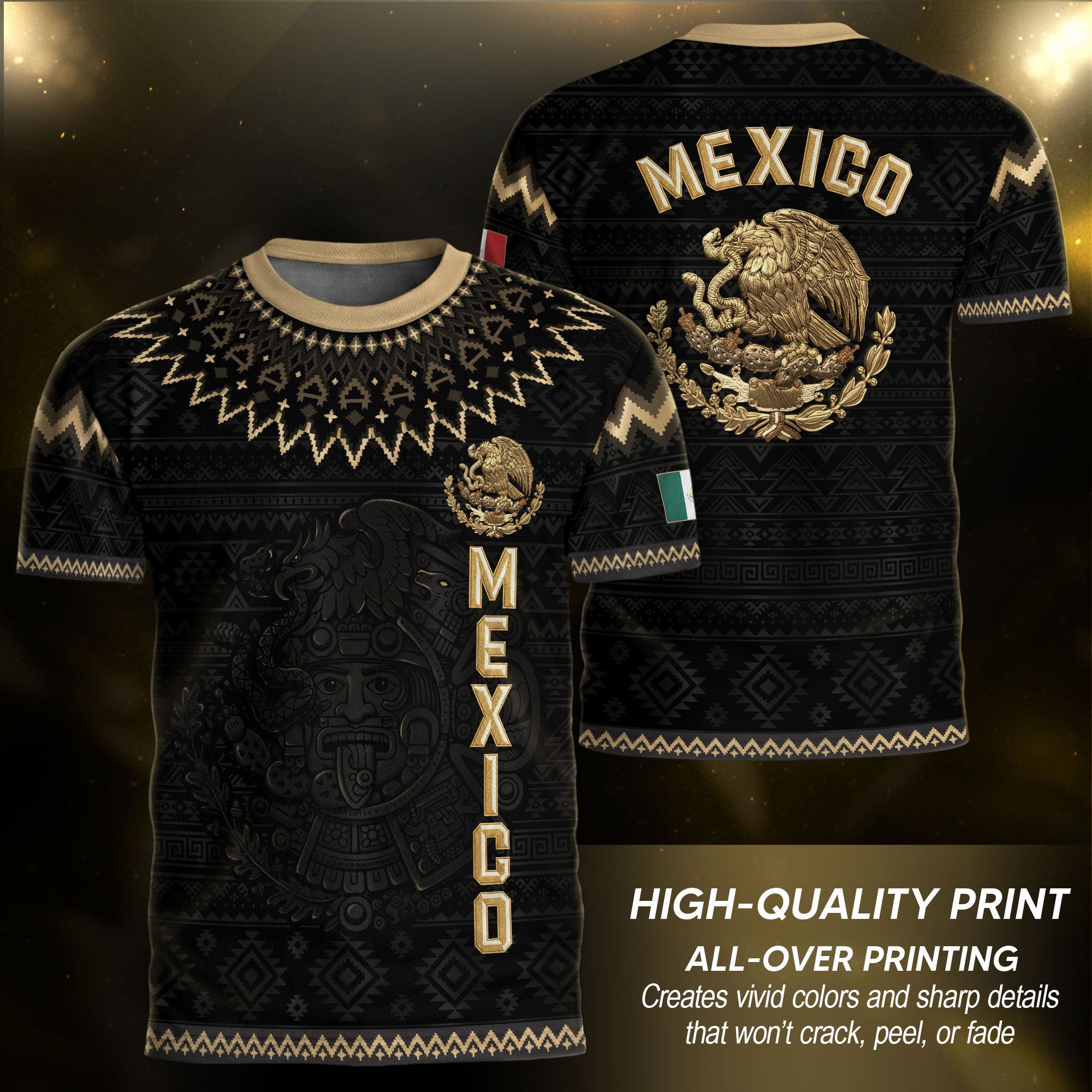 Mexico Heritage Soccer Jersey, Black Gold Aztec Pattern Design Jersey For Men