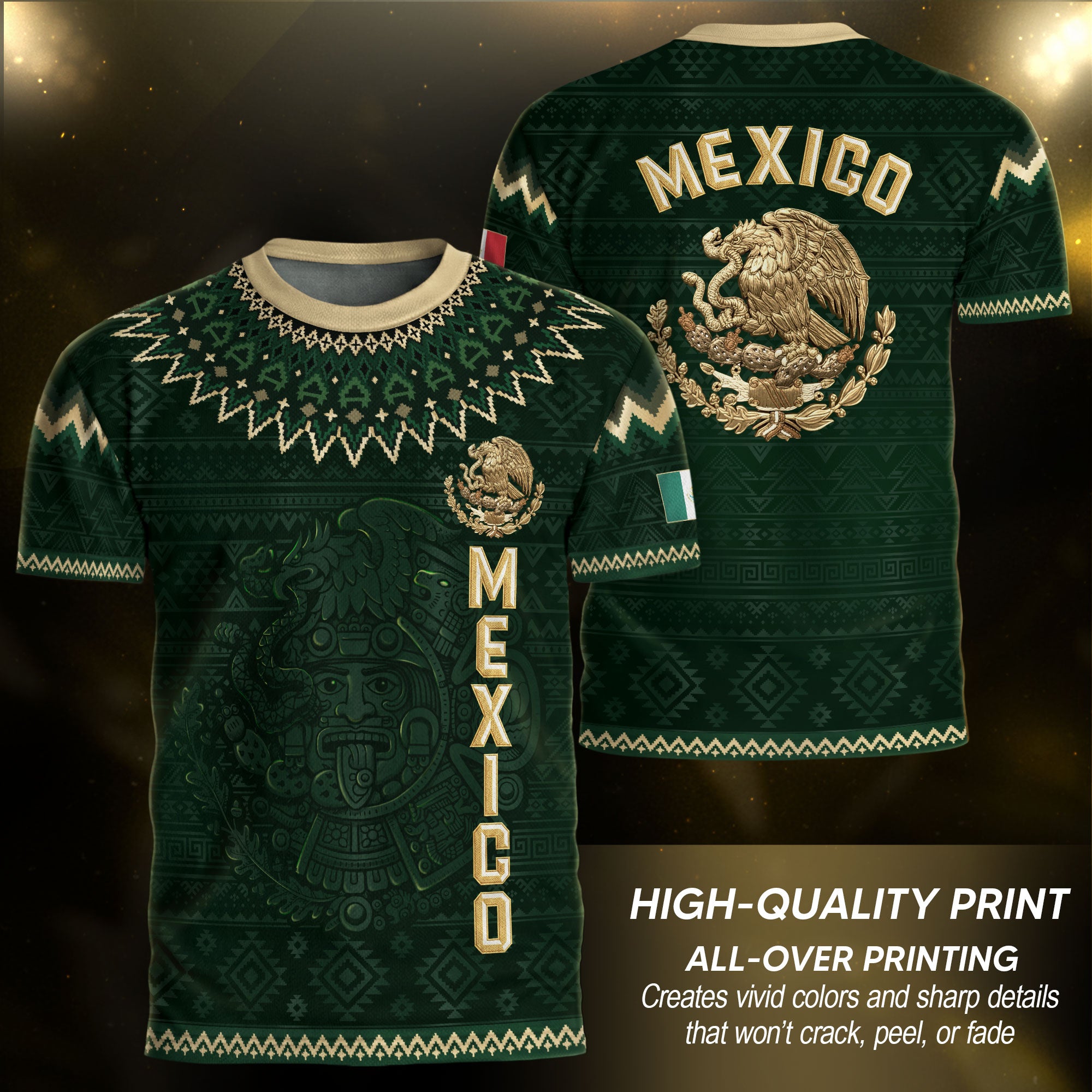 Mexico Heritage Soccer Jersey, Green Gold Aztec Calendar Design Sports Jersey for Men