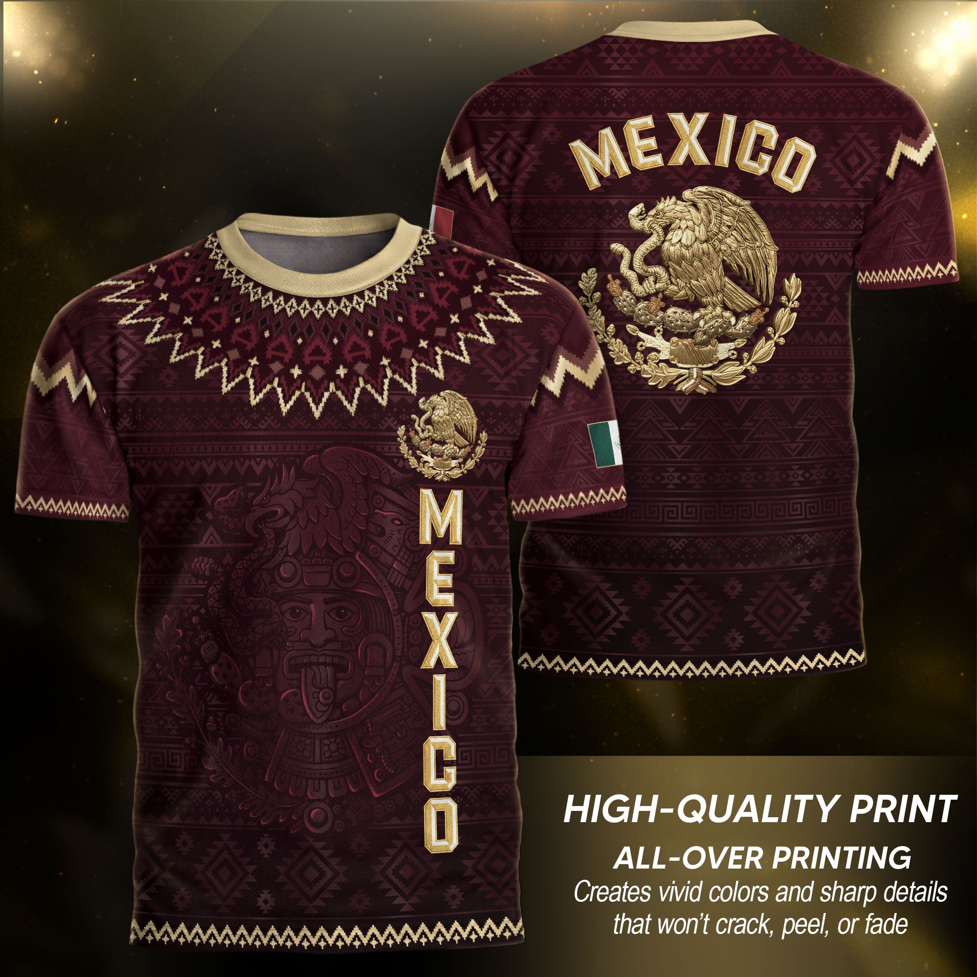 Mexico Heritage Soccer Jersey, Maroon Burgundy Gold Aztec Eagle Design Sports Jersey for Men
