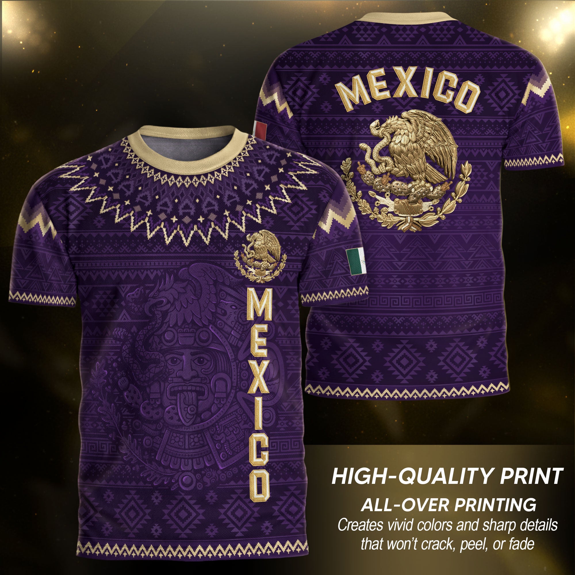 Mexico Heritage Soccer Jersey, Purple Gold Aztec Calendar Design Sports Jersey for Men