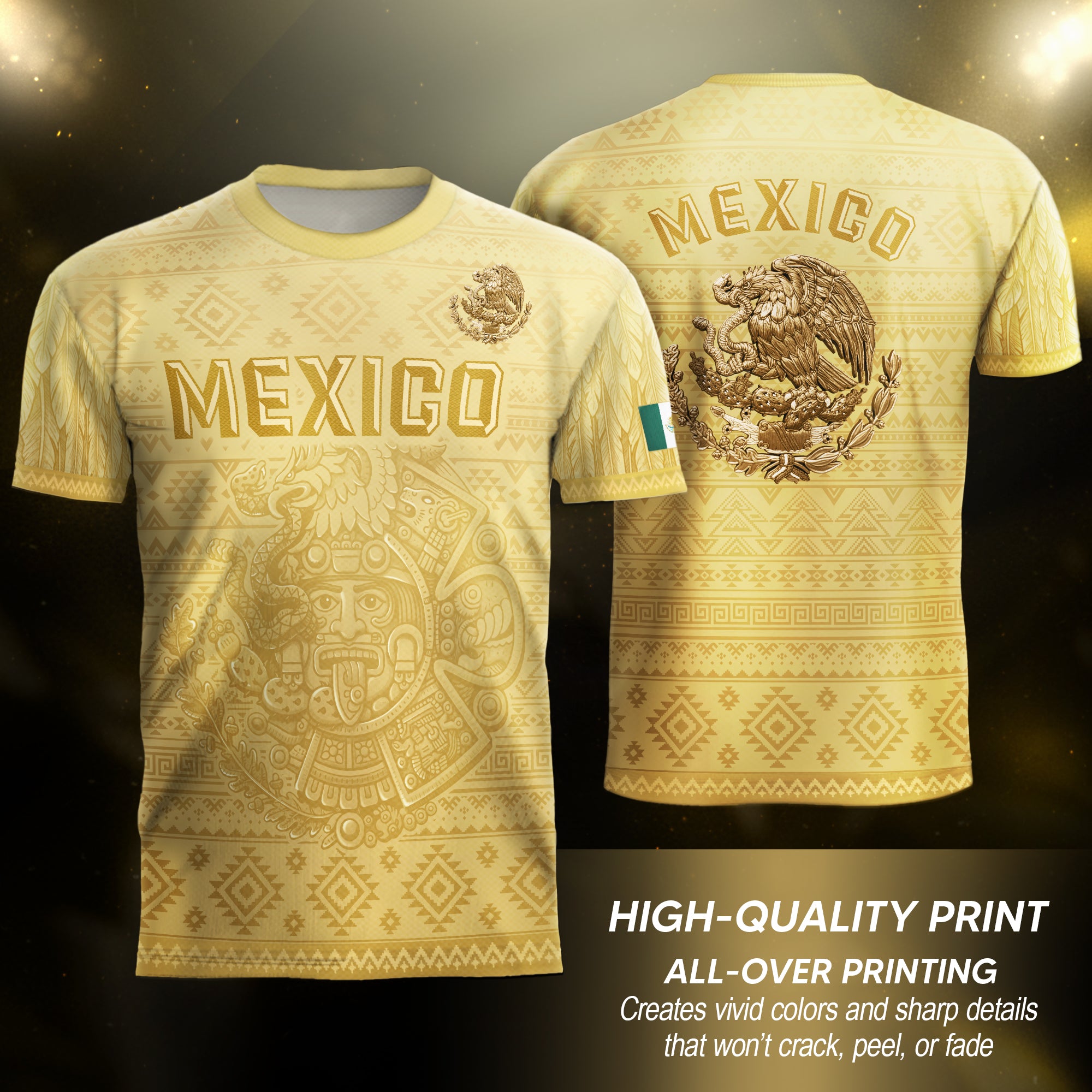 Mexico Heritage Soccer Jersey, Yellow Gold Aztec Calendar Design Sports Jersey for Men