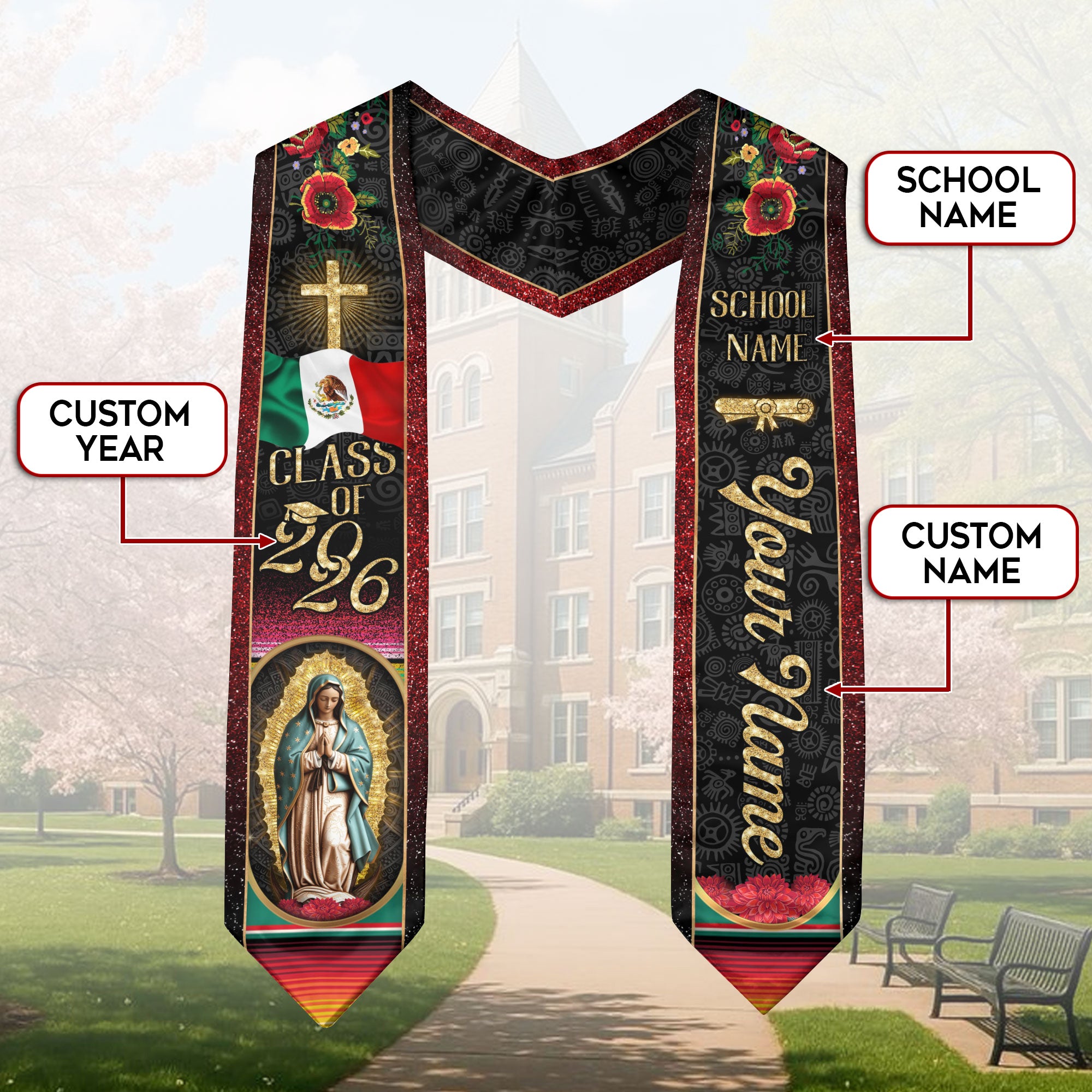 Custom Mexican Graduation Stole Class of 2026 Aztec Pattern Mexico Sash Virgin Mary