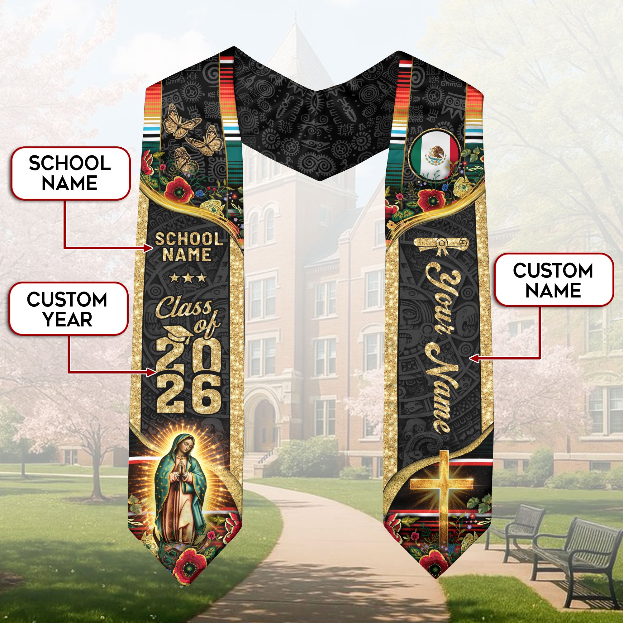 Custom Mexican Graduation Stole 2026 Mexico Sash Butterfly Virgin Mary Aztec Patterns