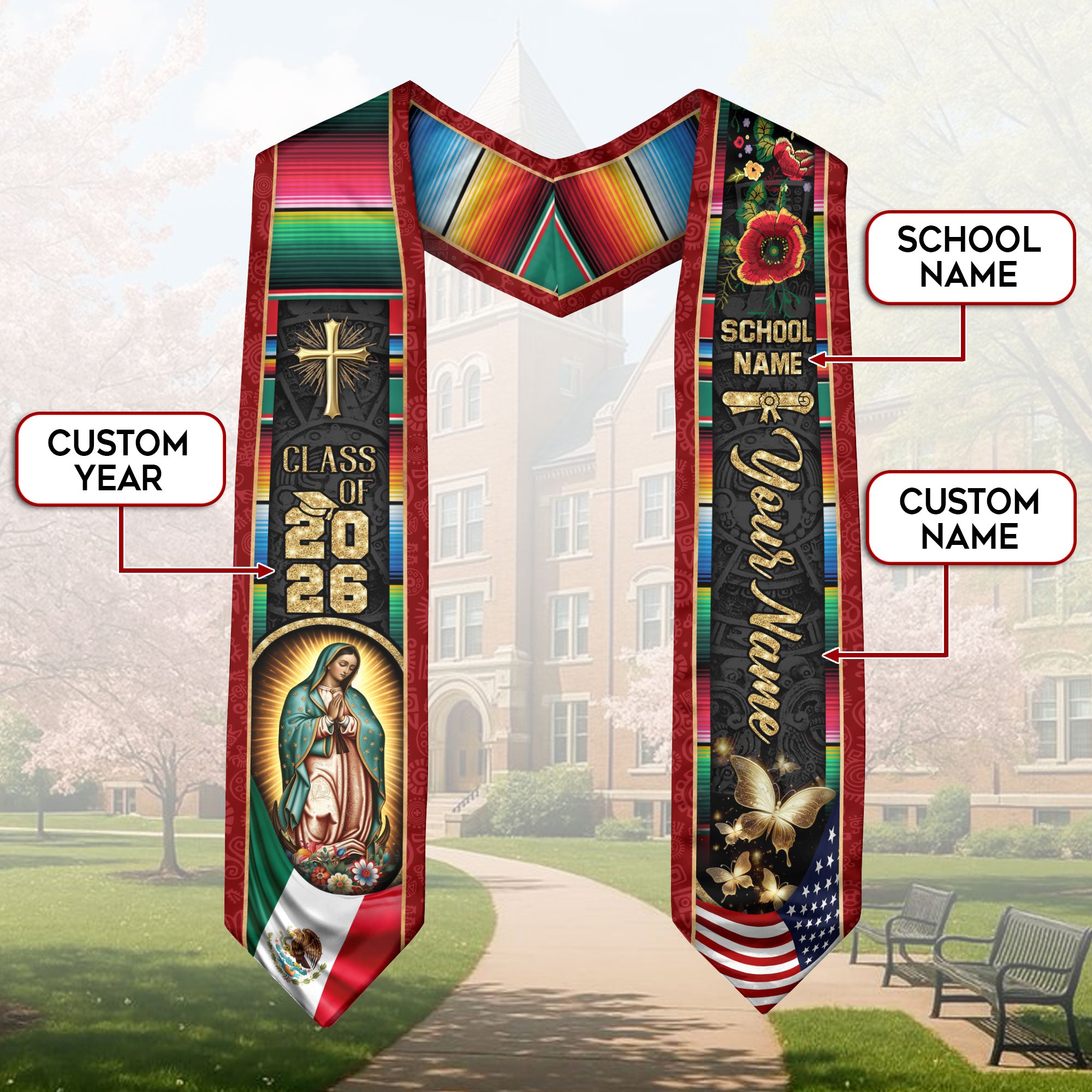 Custom Mexican Graduation Stole 2026 Mexico Sash Virgin Mary Butterfly Aztec Patterns