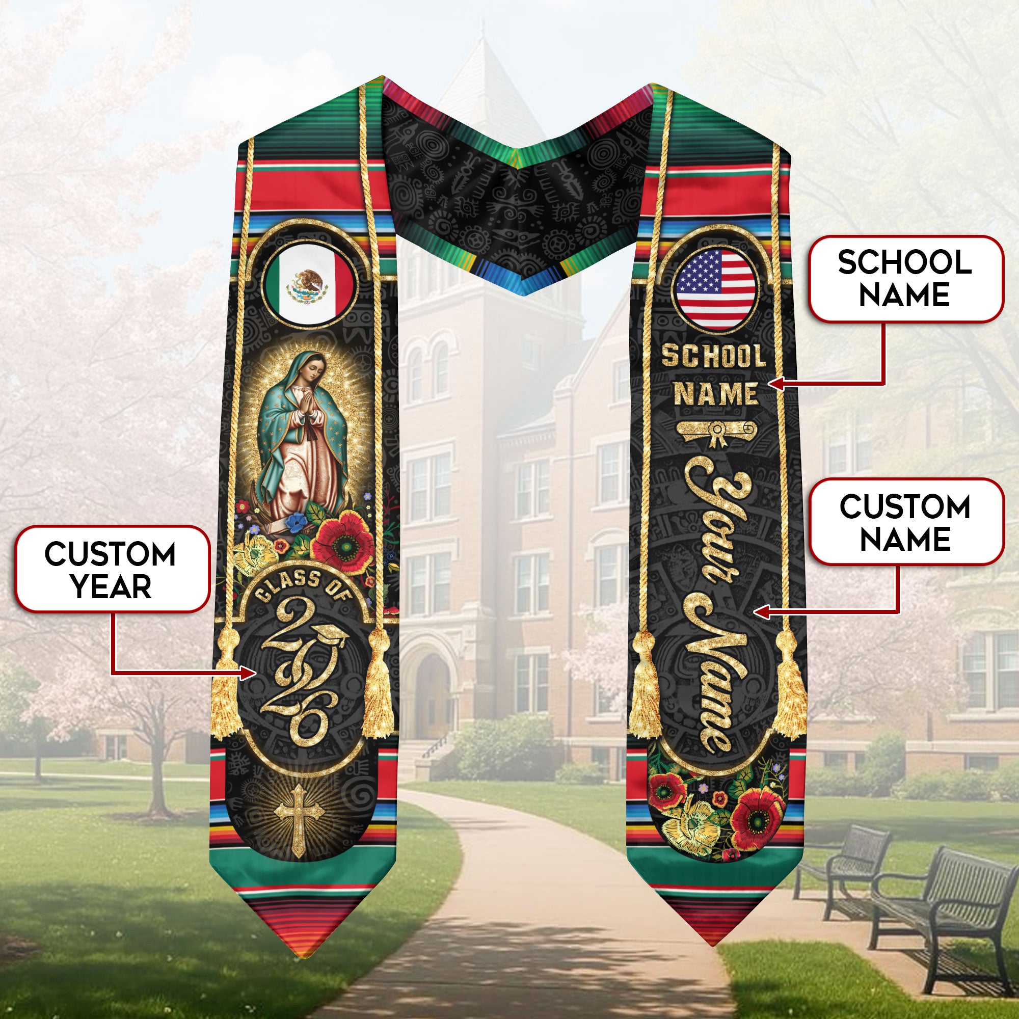 Custom Mexican USA Flag Graduation Stole 2026 Mexico Sash Virgin Mary Cross Aztec Patterns