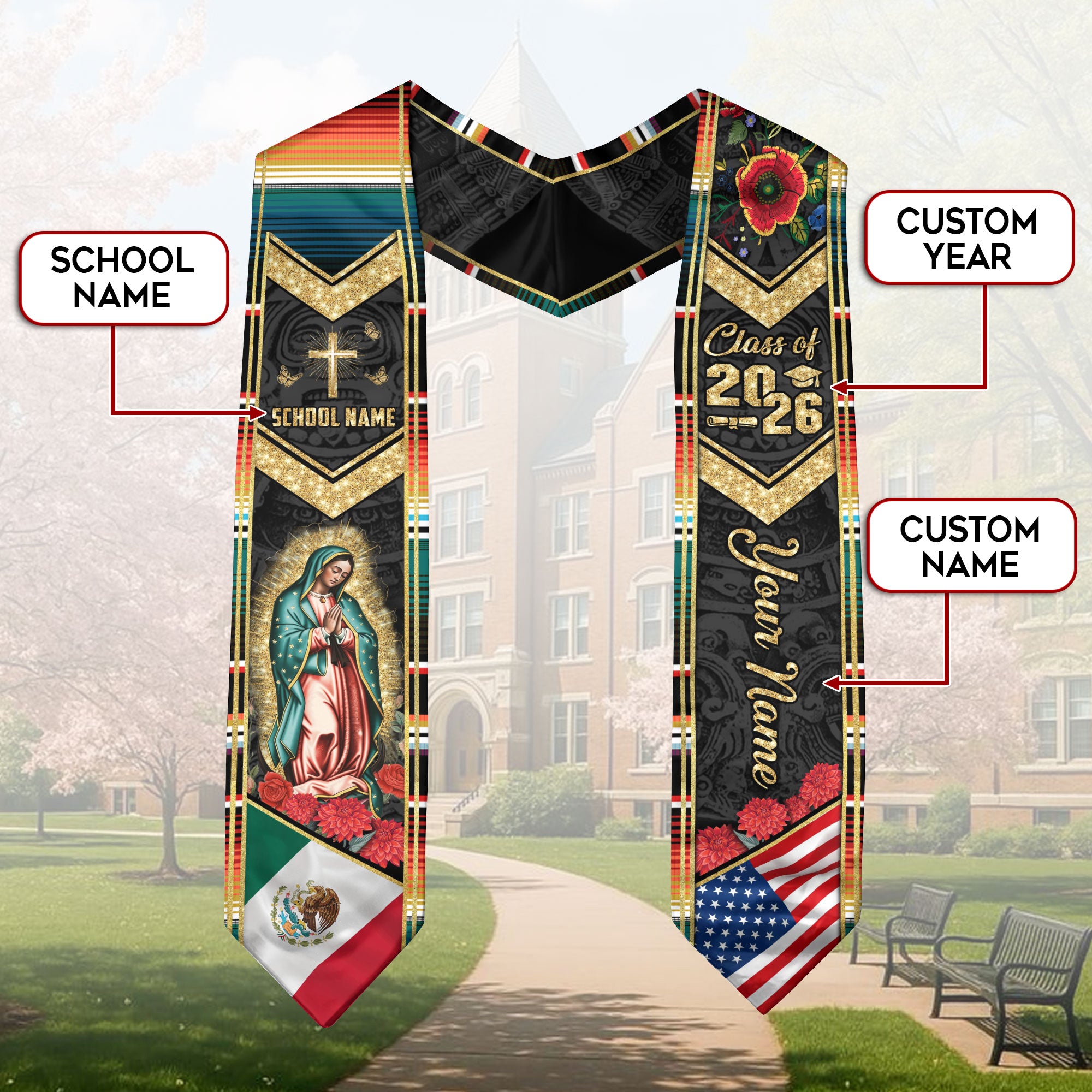 Custom Mexican Graduation Stole 2026 Virgin Mary Cross USA Flag Aztec Patterns Sash