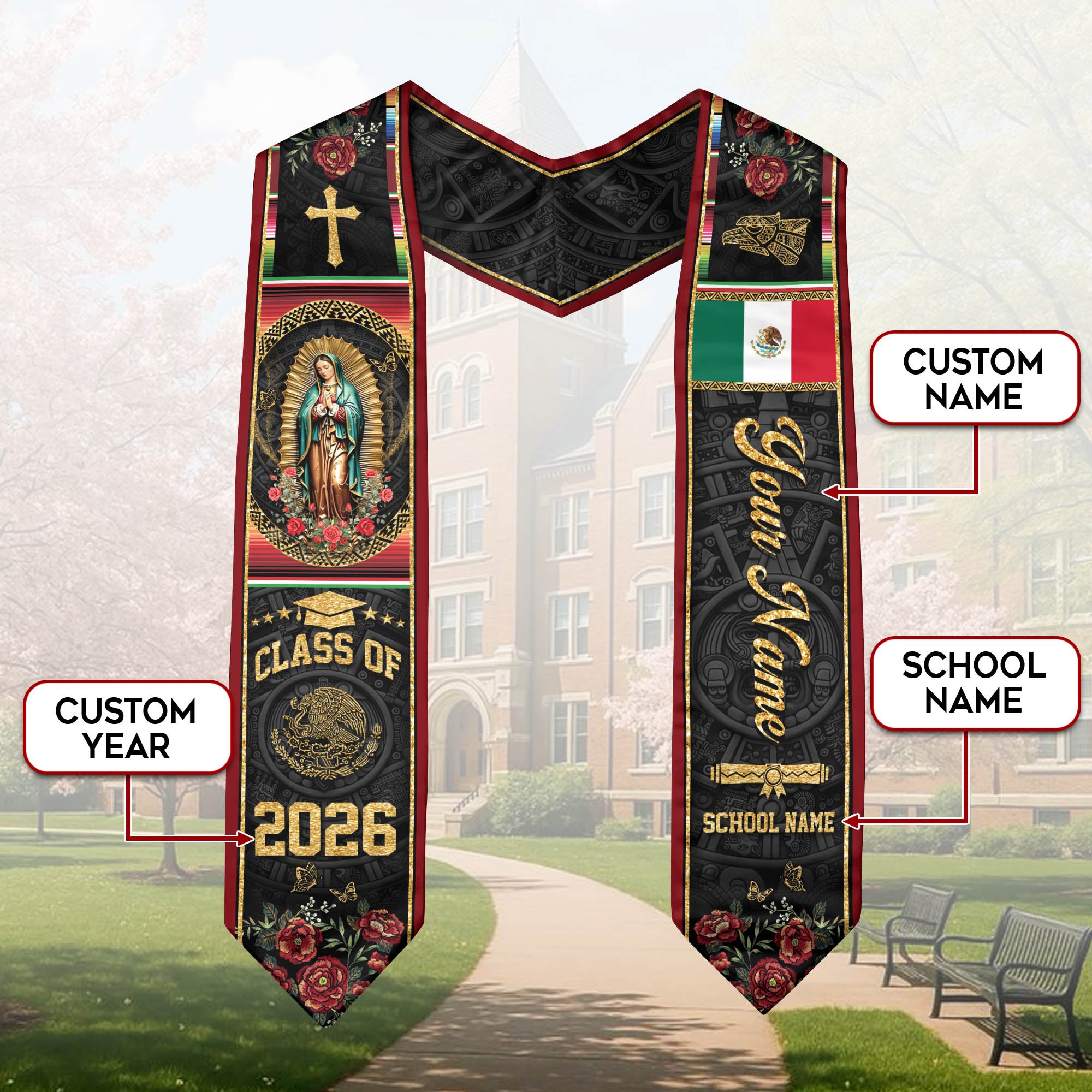 Custom Mexican Graduation Stole 2026 Virgin Mary Cross Flag Aztec Pattern Mexico Sash