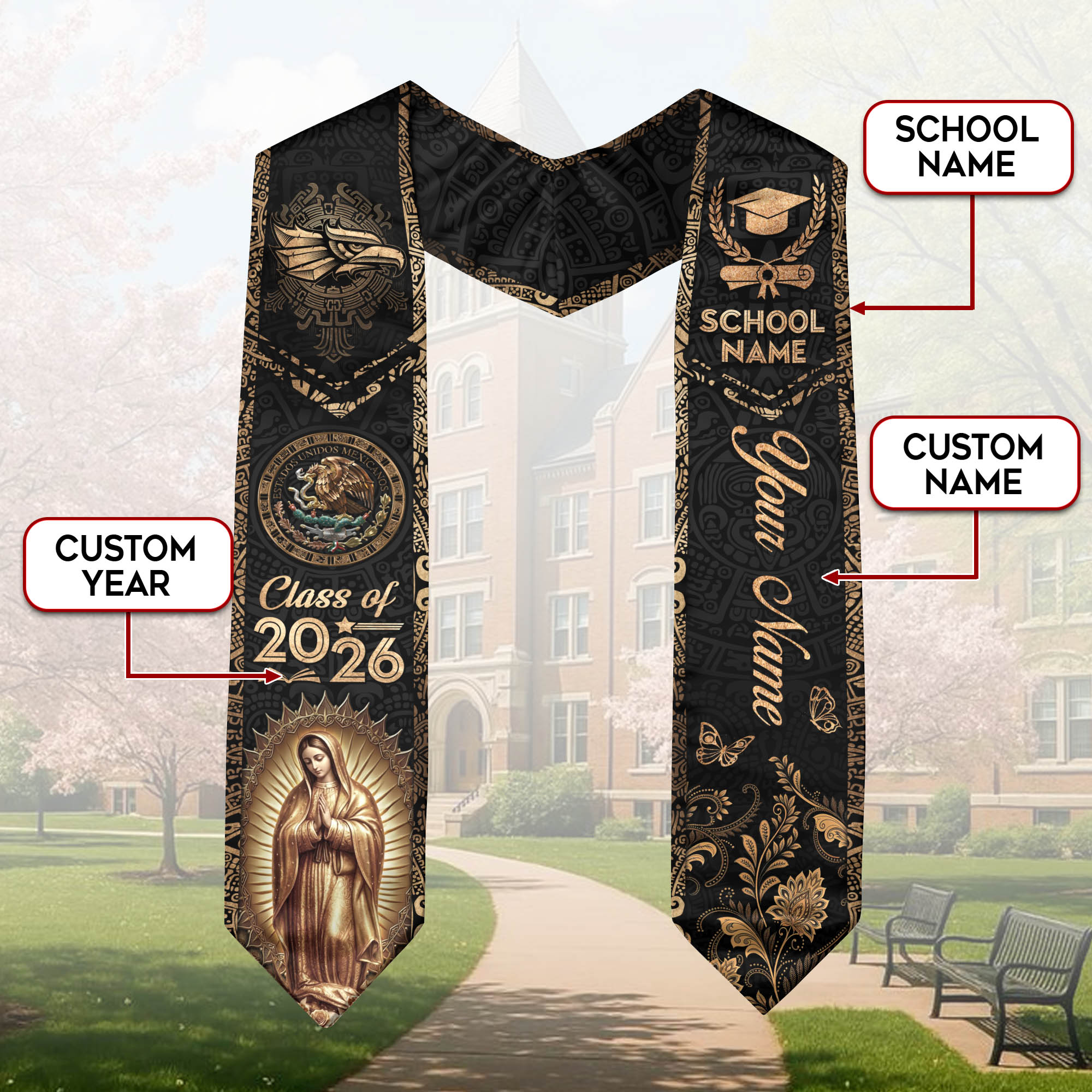 Mexican Graduation Stole 2026 Custom Mexico Sash Virgin Mary Cross Aztec Patterns