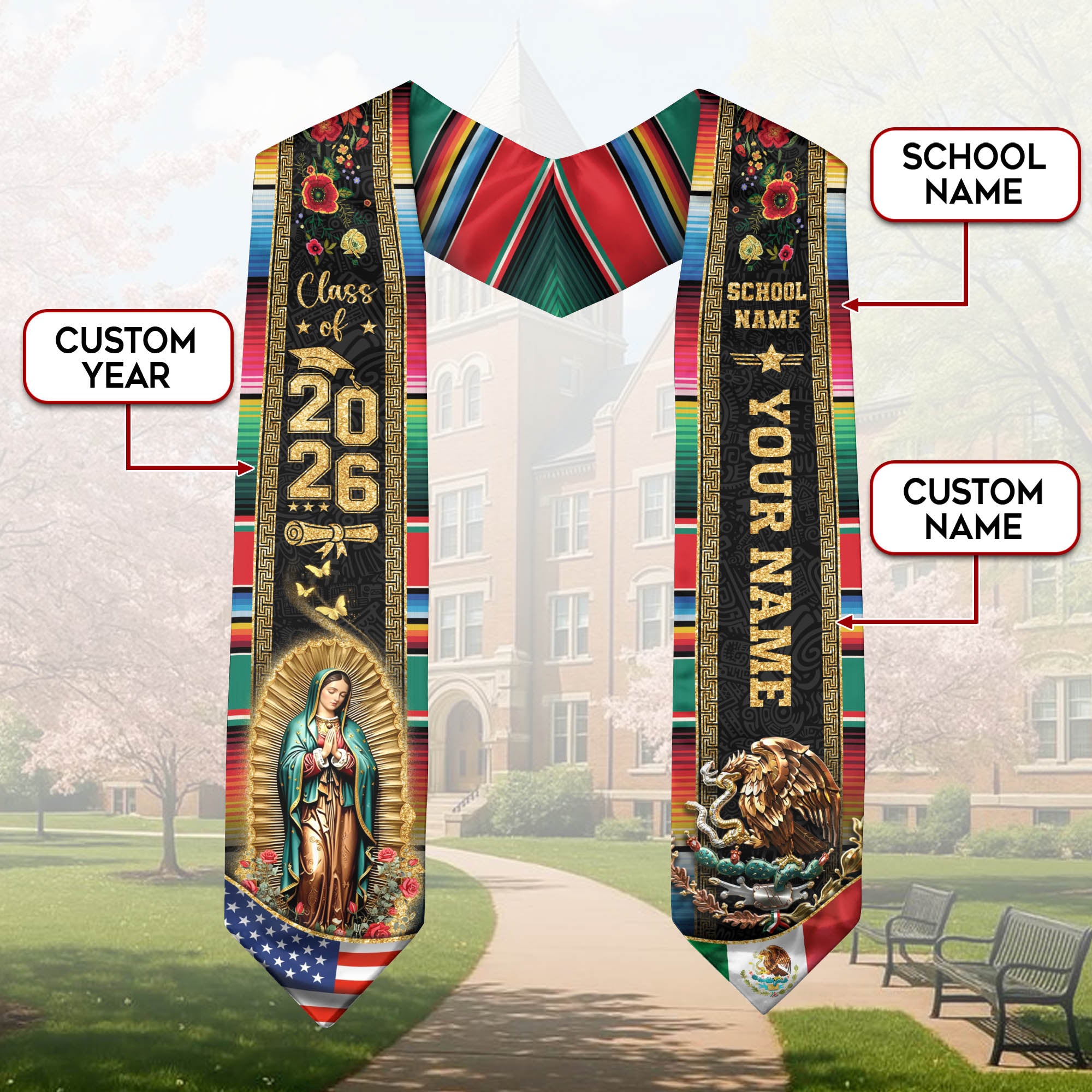 Mexican Graduation Stole Aztec Pattern Eagle Virgin Mary Flag Custom Sash 2026