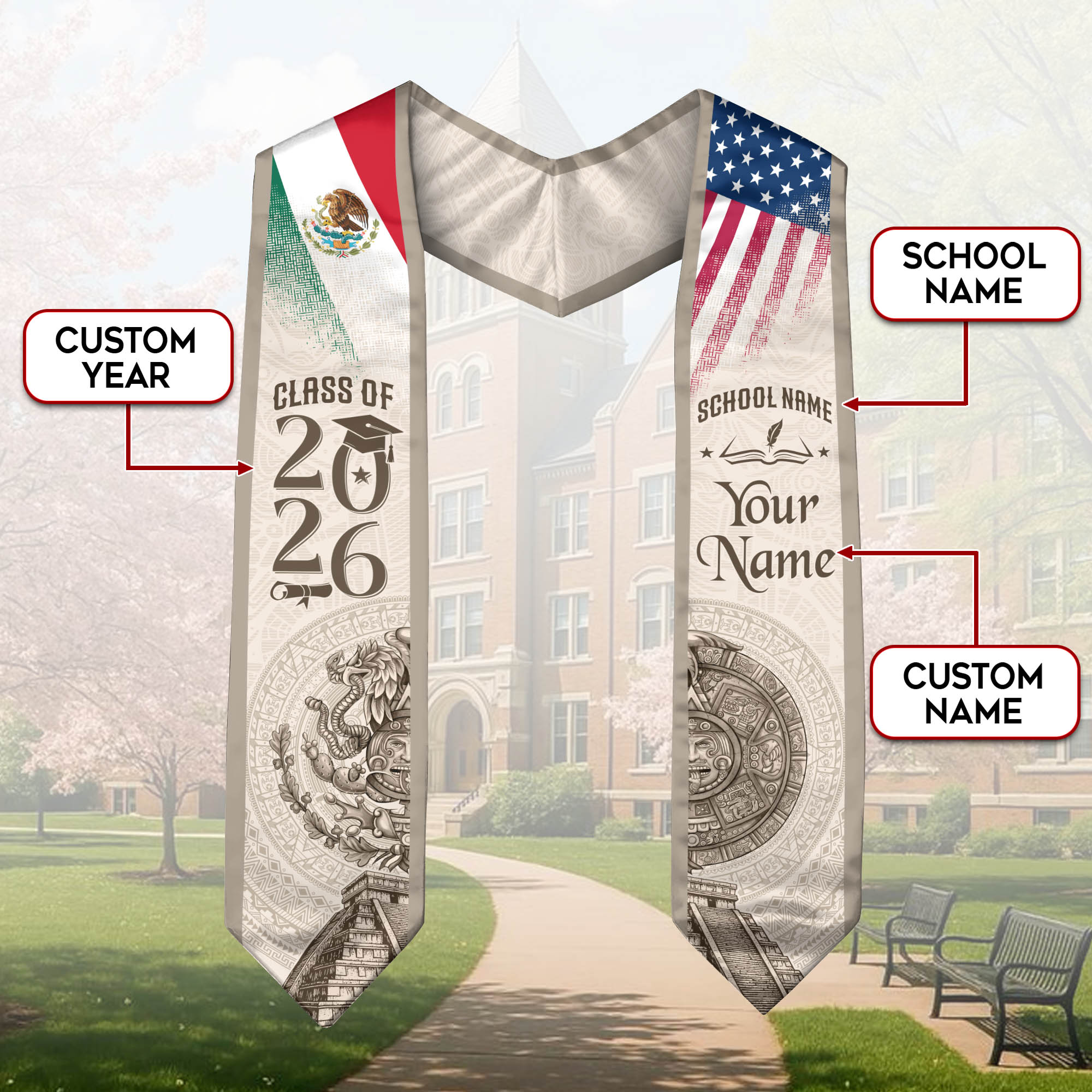 Mexican Graduation Stole Aztec Calendar Pyramid Eagle USA Mexico Flag Custom Sash