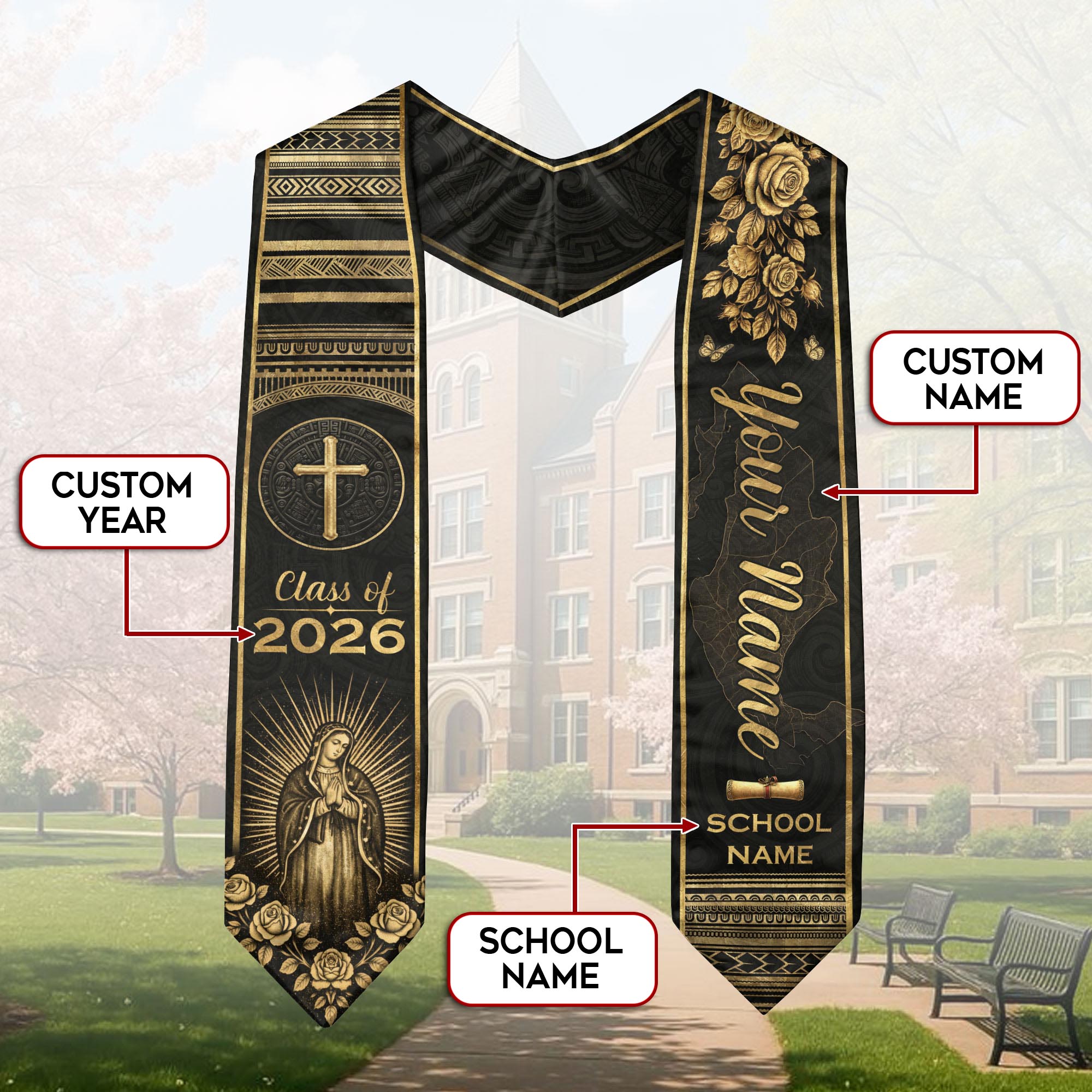 Mexican Graduation Stole Aztec Pattern Cross Virgin Mary Gold Rose Custom Sash 2026