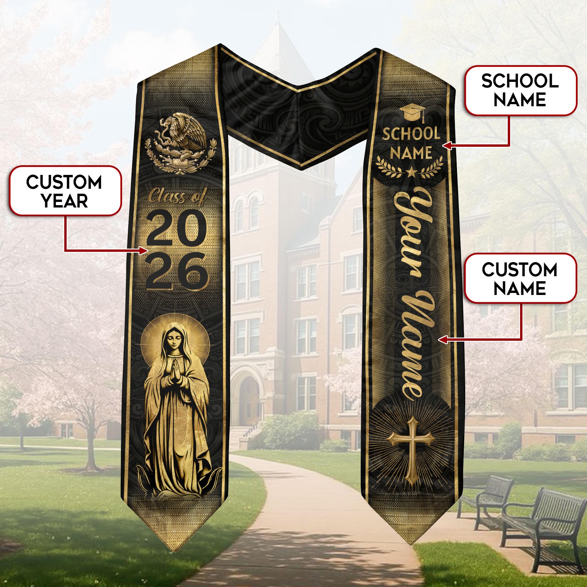Mexican Graduation Stole Aztec Eagle Virgin Mary Cross Gold Custom Sash 2026