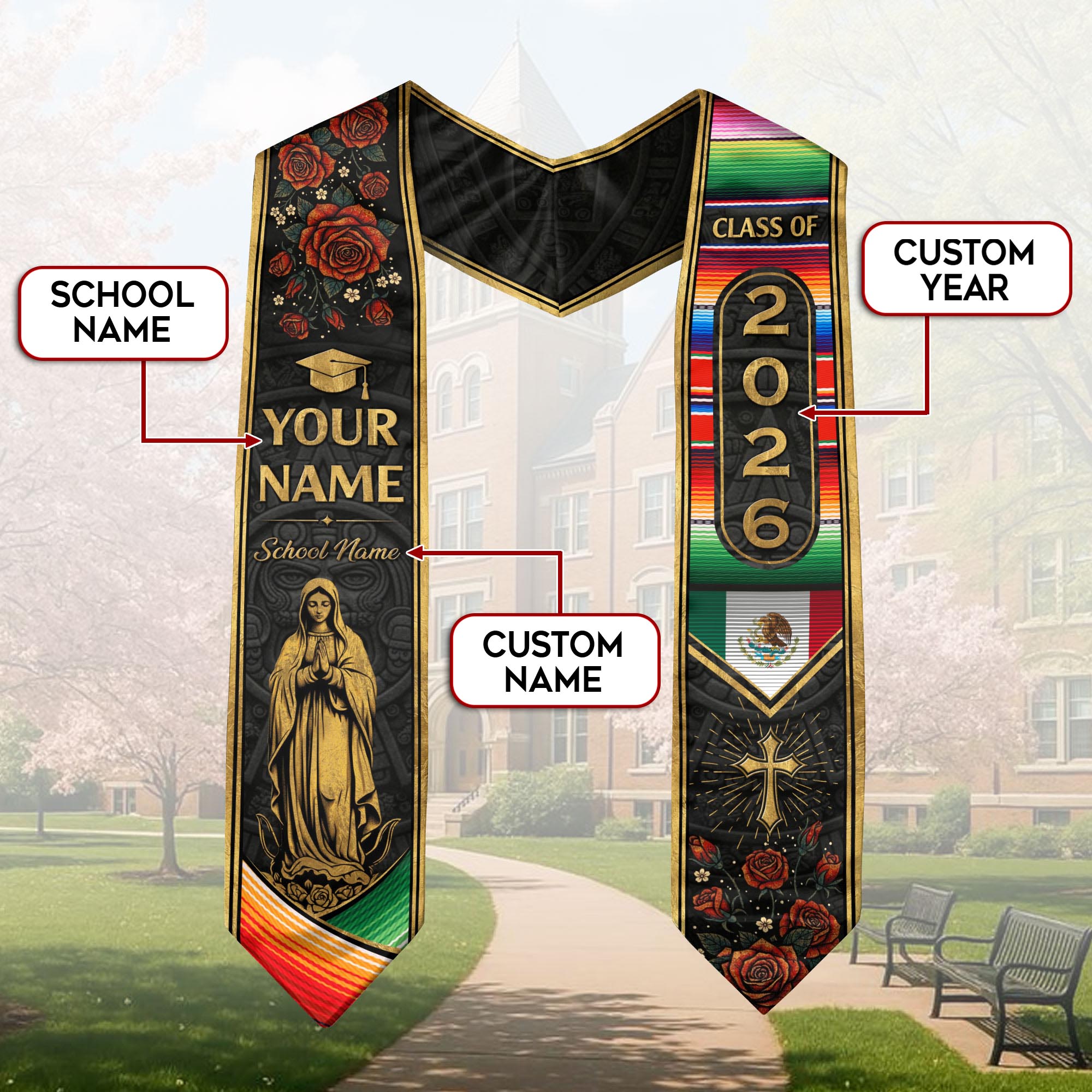 Mexican Graduation Stole Aztec Pattern Virgin Mary Cross Rose Serape Custom Sash 2026