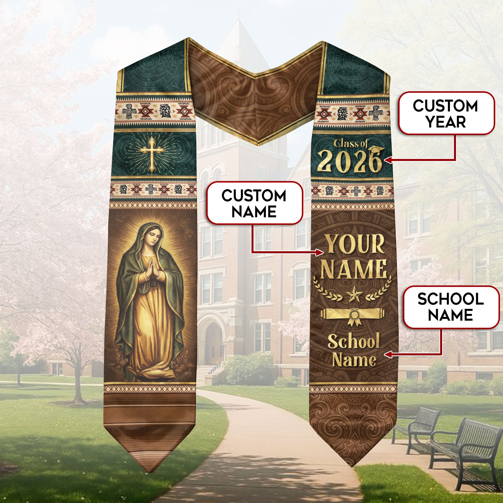 Mexican Graduation Stole Aztec Pattern Virgin Mary Cross Tribal Custom Sash 2026