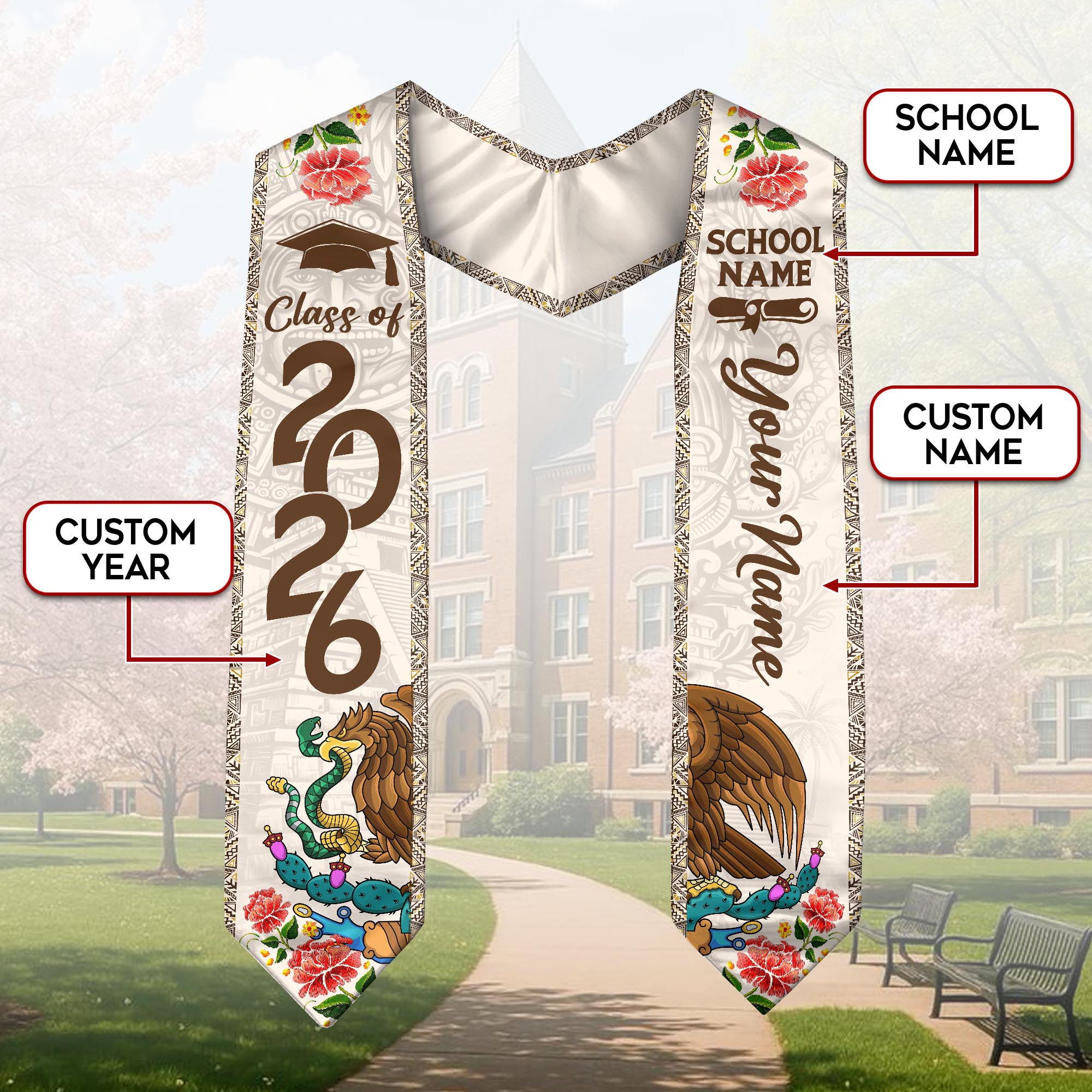 Mexican Graduation Stole Aztec Eagle Cactus Floral Custom Mexico Sash 2026