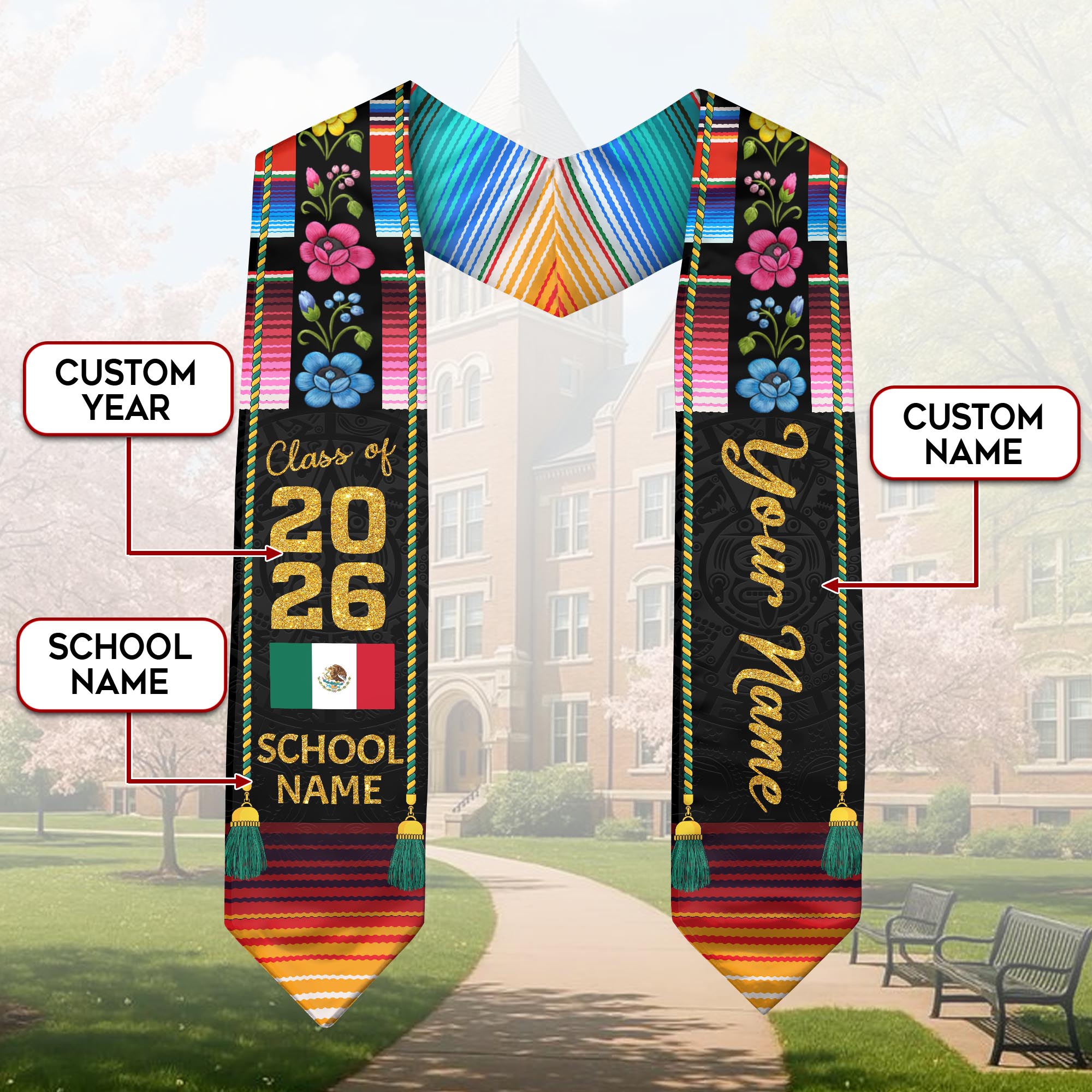 Mexican Graduation Stole Aztec Floral Serape Tassel Flag Custom Sash 2026