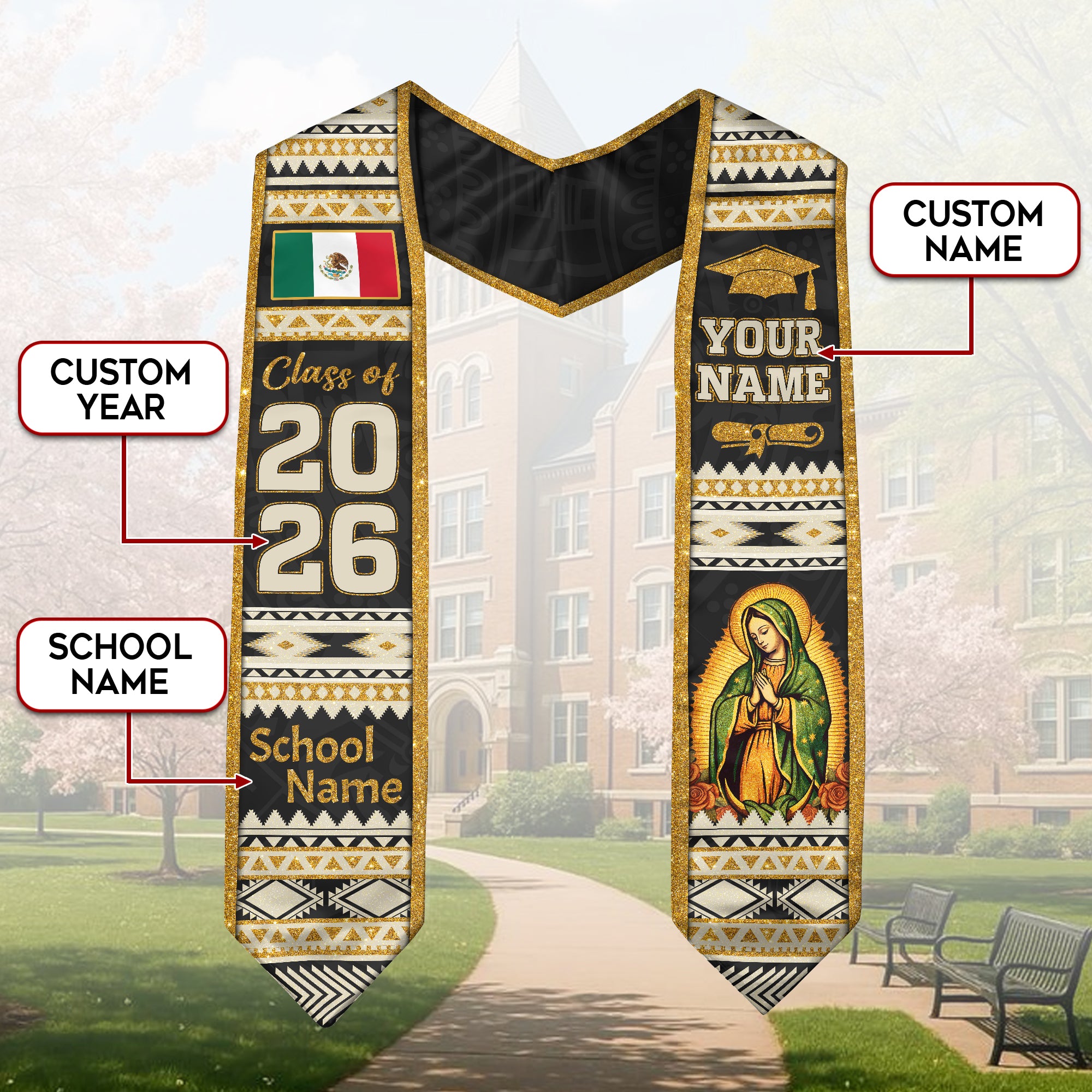 Mexican Graduation Stole Aztec Pattern Virgin Mary Flag Gold Tribal Custom Sash