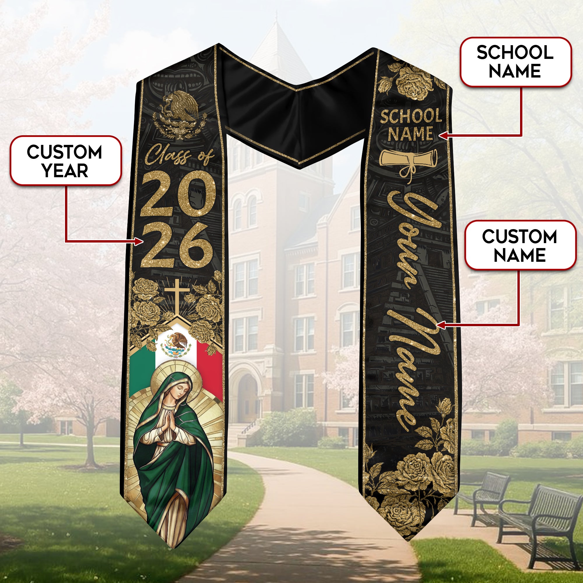 Mexican Graduation Stole Aztec Eagle Virgin Mary Rose Flag Custom Sash 2026