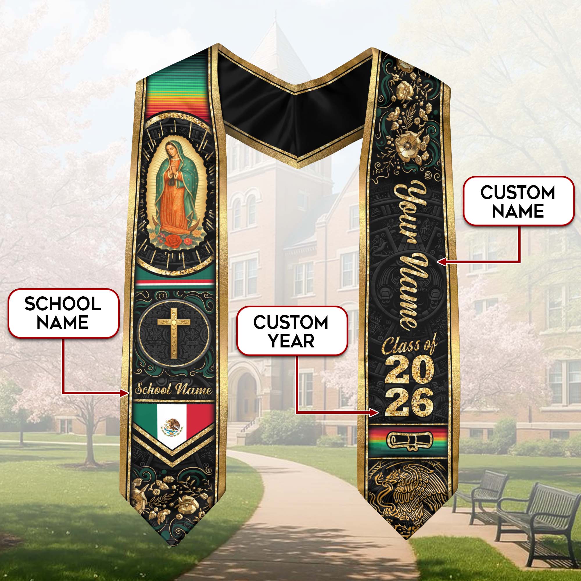 Mexican Graduation Stole Aztec Eagle Virgin Mary Cross Floral Flag Custom Sash
