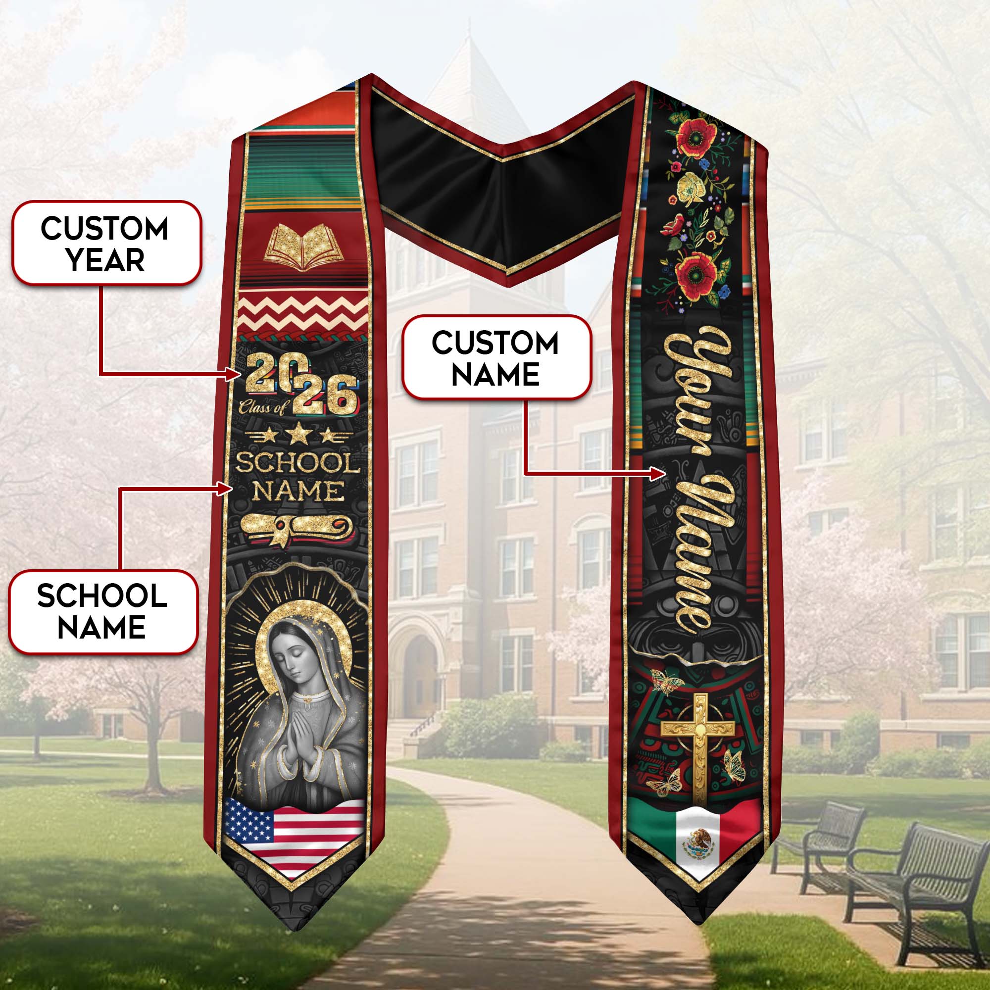 Mexican Graduation Stole Aztec Pattern Virgin Mary Cross Floral USA Flag Custom Sash
