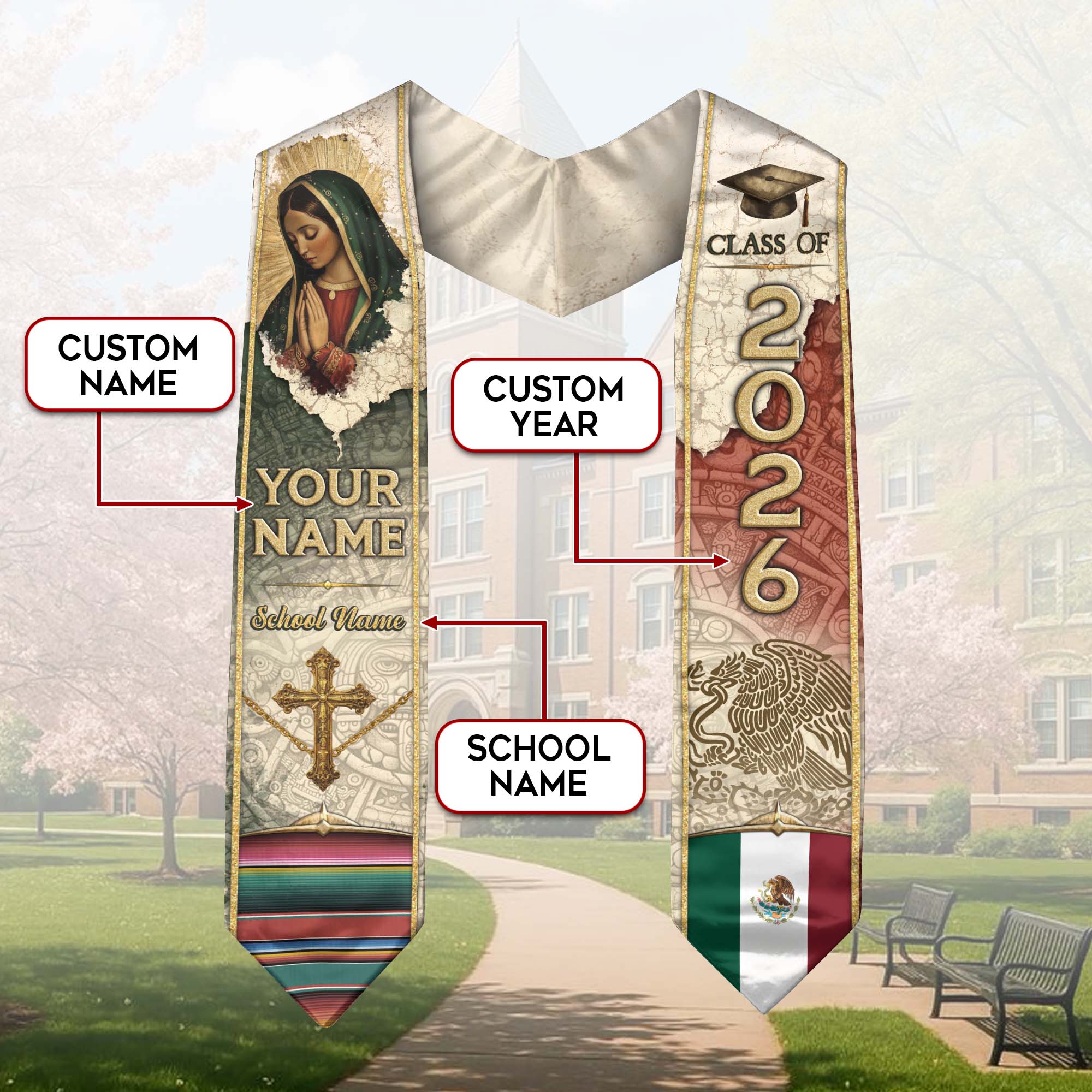 Mexican Graduation Stole Aztec Eagle Virgin Mary Cross Flag Custom Sash 2026
