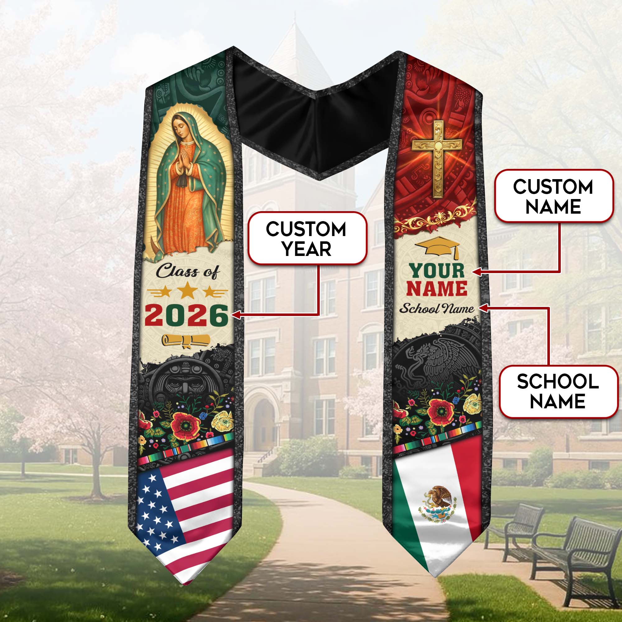 Mexican Graduation Stole Aztec Eagle Virgin Mary Cross Floral USA Flag Custom Sash