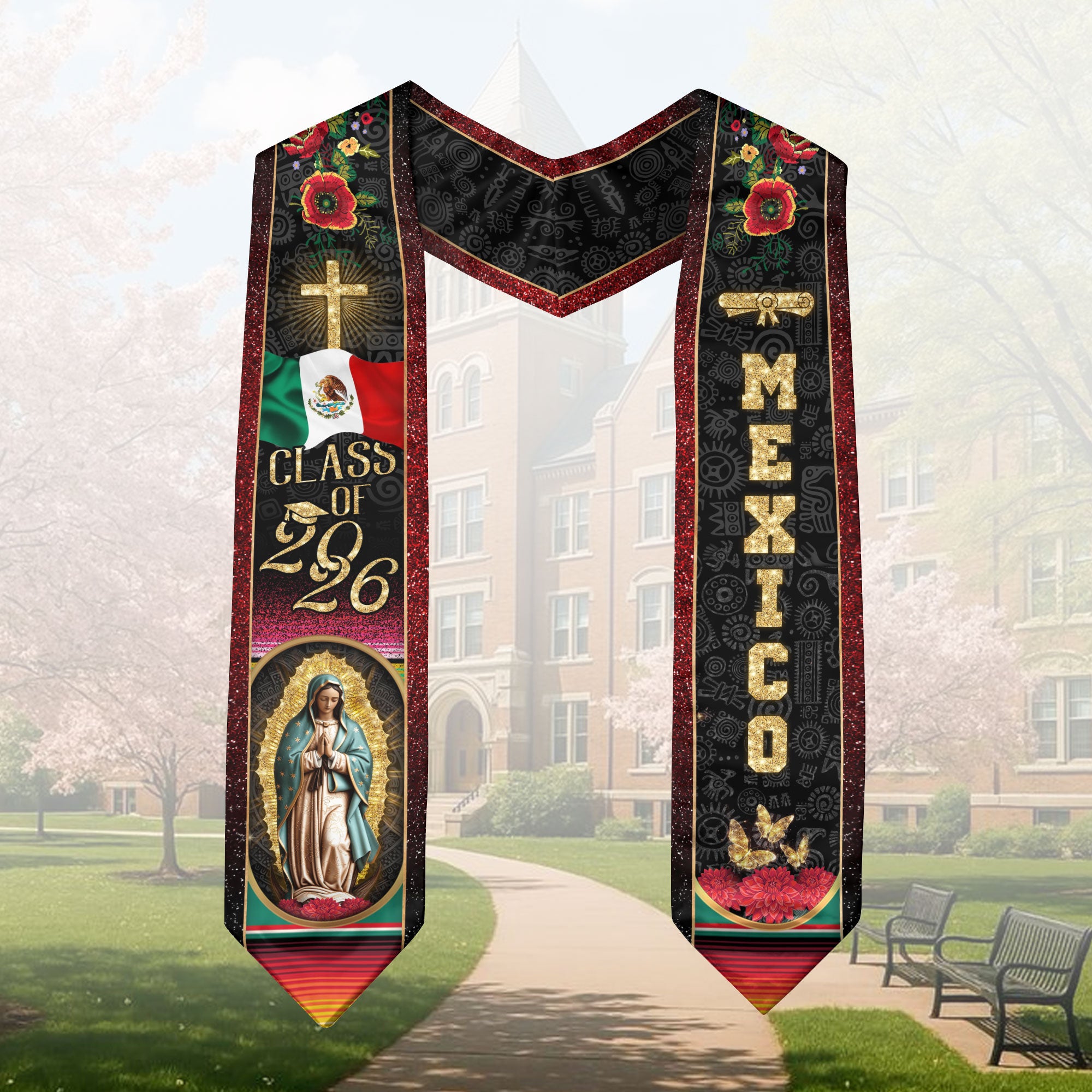 Mexican Graduation Stole Mexico Sash Aztec Virgin Mary Cross Flag Flowers 2026
