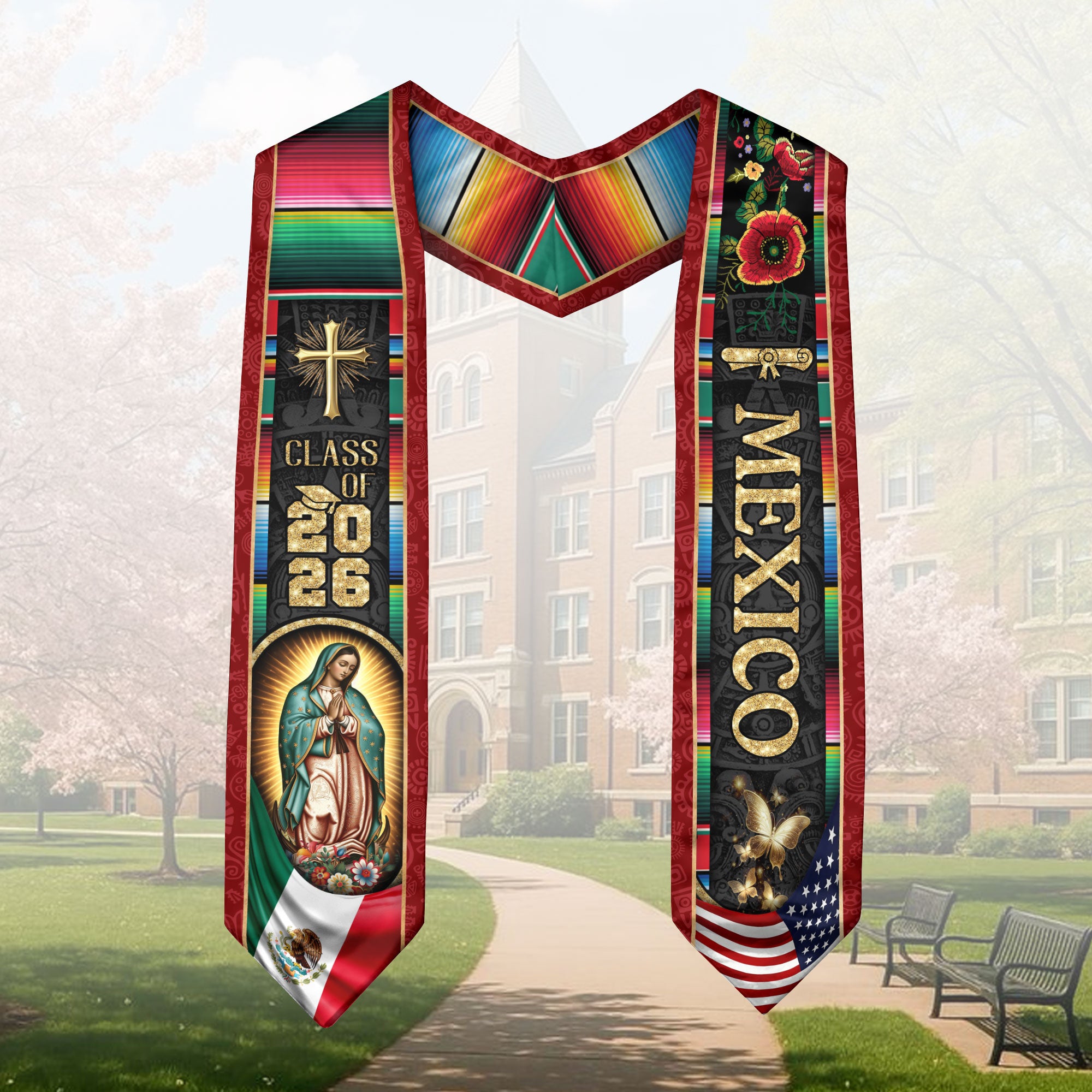 Mexican Graduation Stole Mexico USA Flag Aztec Virgin Mary Cross Serape 2026
