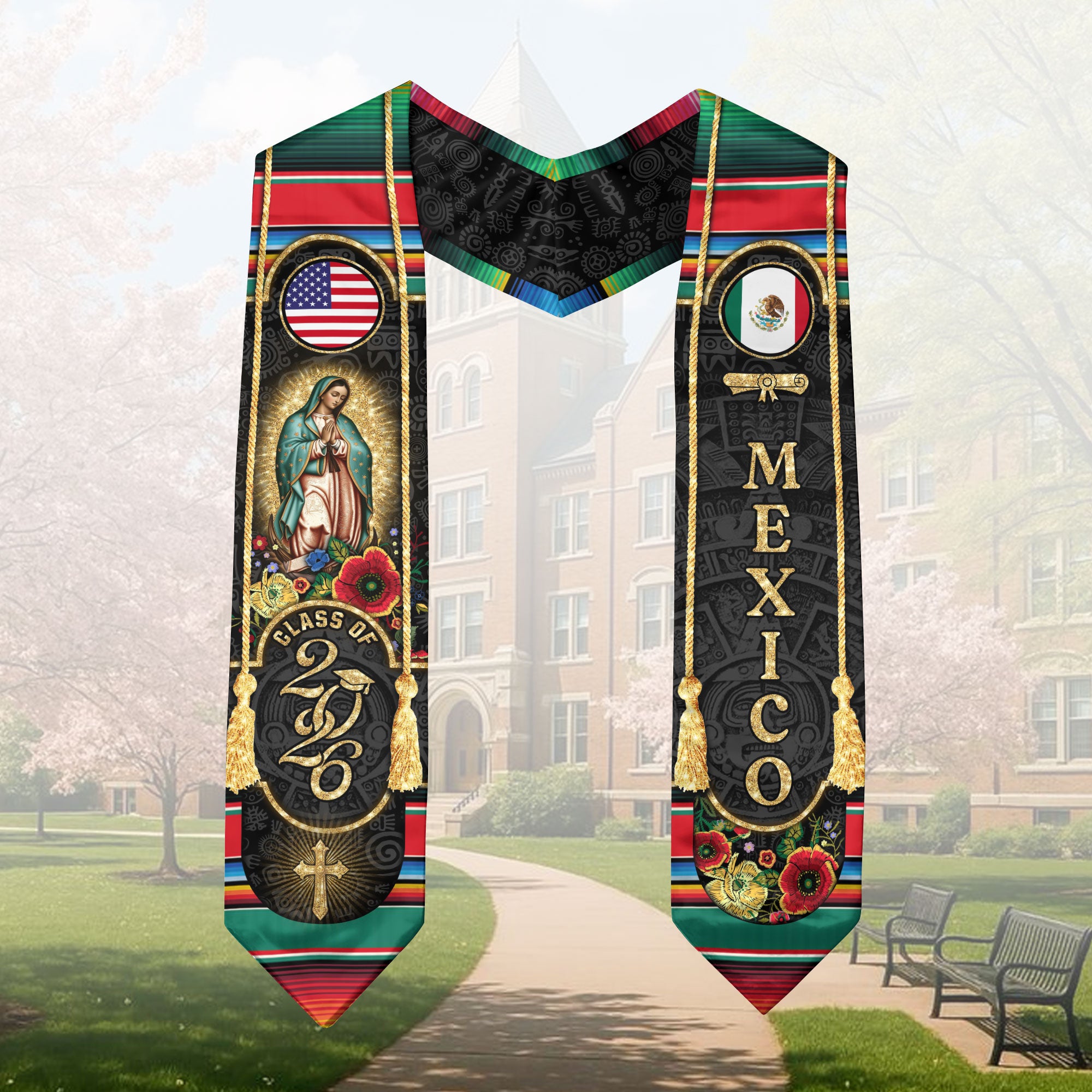 Mexican Graduation Stole Mexico USA Flag Aztec Virgin Mary Cross Flowers 2026