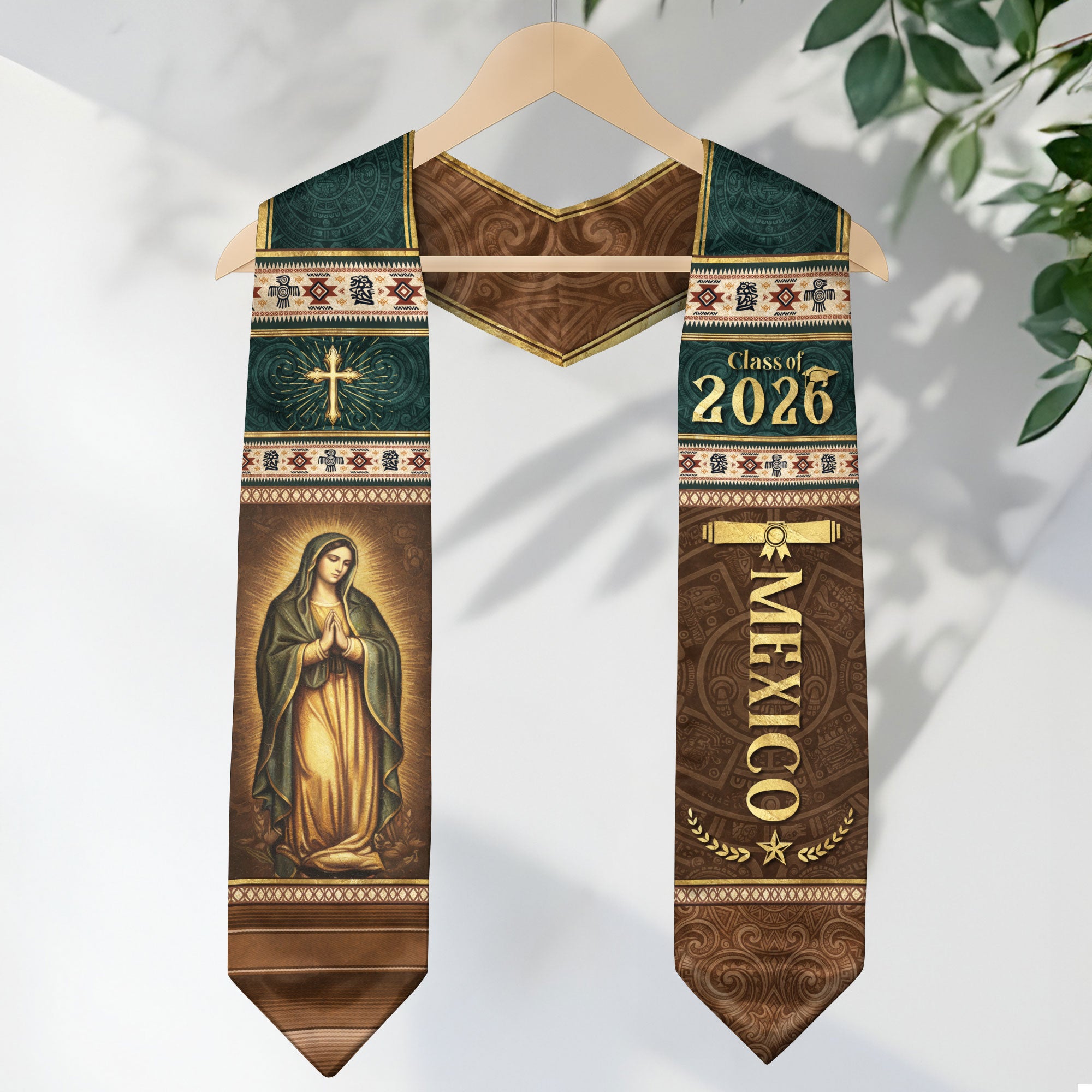 Mexican Graduation Stole Mexico Sash Aztec Pattern Virgin Mary Cross Class 2026
