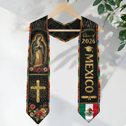 Mexican Graduation Stole Mexico Sash Aztec Virgin Mary Cross Roses Class 2026