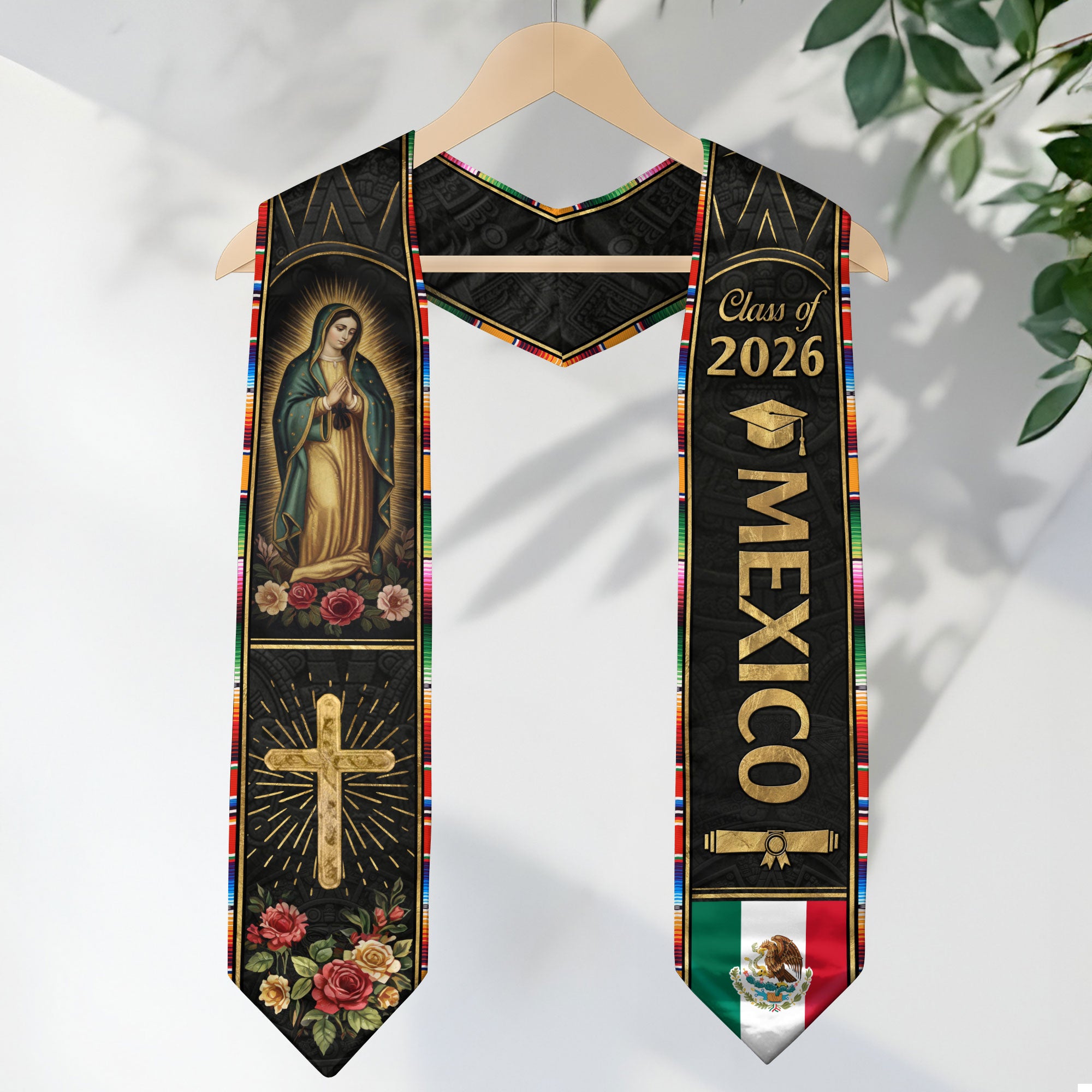 Mexican Graduation Stole Mexico Sash Aztec Virgin Mary Cross Roses Class 2026